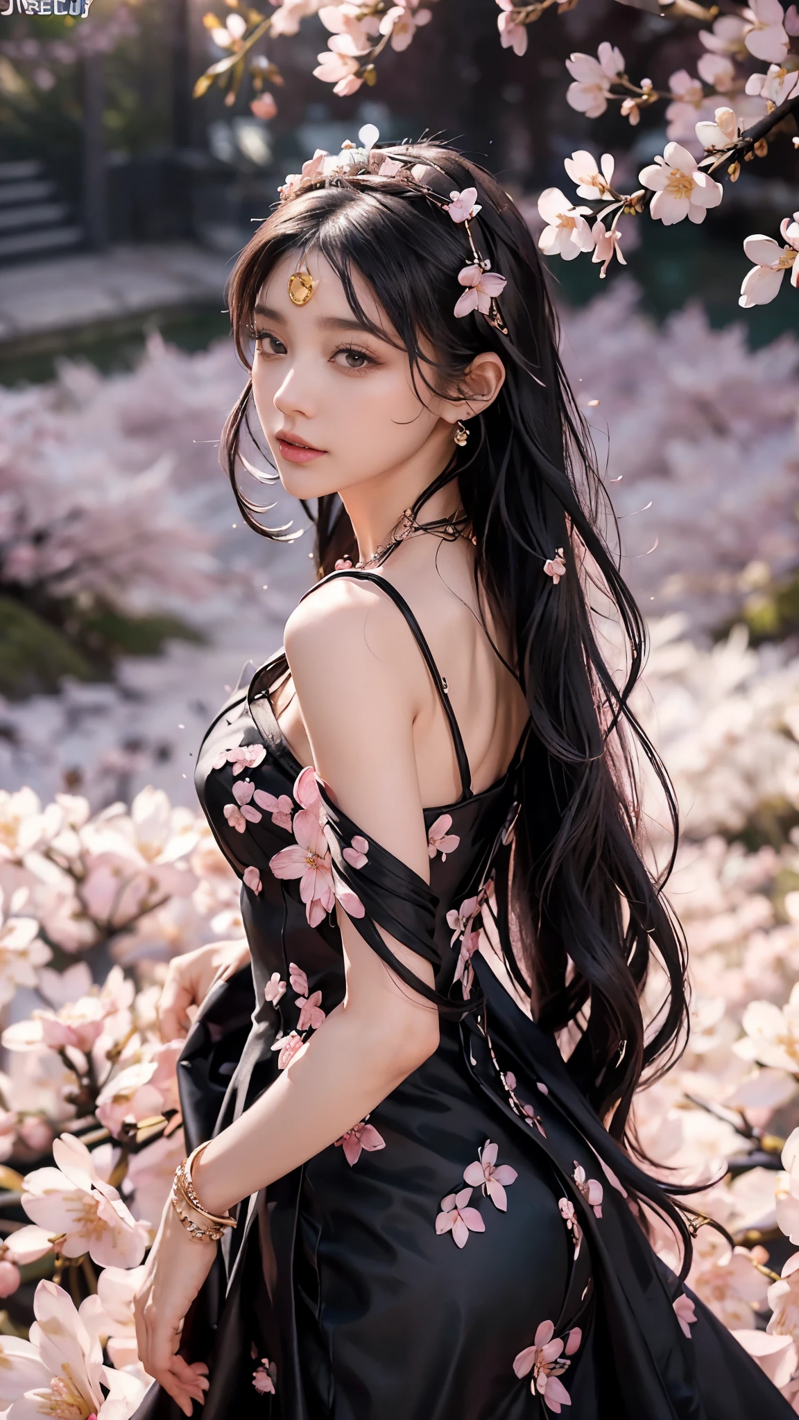 4K, Ultra HD, Masterpiece, 1 girl, (good face:1.4), detailed eyes, very long hair, princess dress, (black dress:1.5), (wearing jwellery:1.8), (cherry blossom:1.5), (bloom effect:1.5), Detailed Fantasy Art, Stunning Character Art, beautiful Exquisite Character Art, Beautiful, Extremely Detailed, Exquisite Intricate Headdress and Jewellery, (perfect body front), attractive pose,