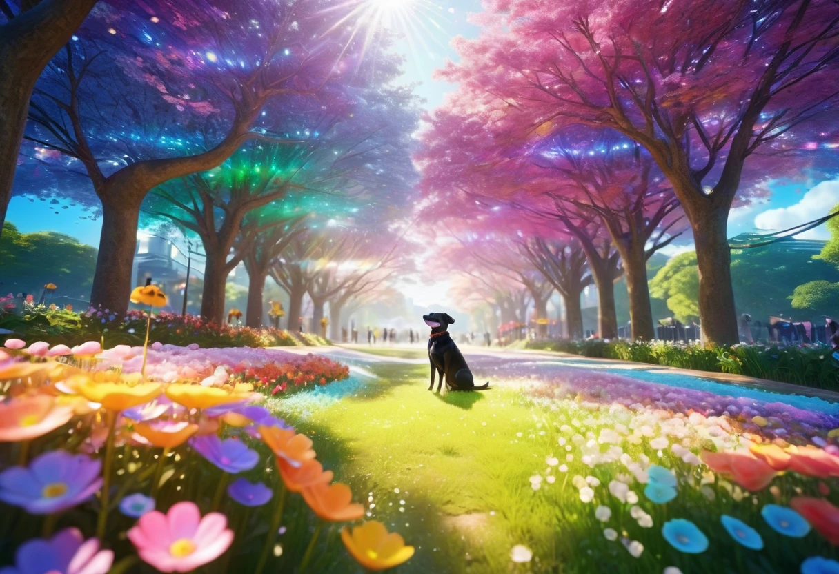 {{masterpiece}}, A park full of colorful flowers, Colorful Mameshiba, highest quality, Highly detailed CG synthesis 8k wallpaper, Cinema lighting, Lens flare, beautiful detail eyes, black, Side view, Multicolored Dog, Rich and colorful light, particle, Heterochromia, (Rich and colorful:1.5),