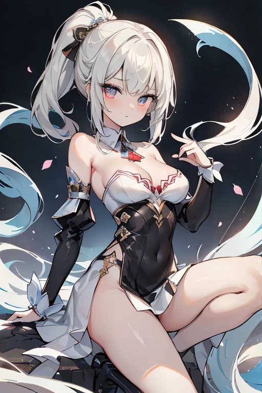 1girl, anime, cute girl, blank background, white background, fantasy, detailed fantasy dress with highlights, beautiful face, beautiful eyes, dark colors, black hair with multicolor streaks, red eye with different color pupil in eye, multicolor eye, medium small breasts (slightly big), slight cleavage, beautiful skin, cute, breast curtains, extremely delicate and beautiful, (beautiful detailed face:1.0), (detailed deep eyes), symmetrical breasts, deep eyes, shiny skin, portrait, slender waist, hips wider than shoulders, thighs, expressionless, young girl, luminous eyes, adorable，（Kpop idol）,（aegyo sal：1），（Platinum blonde hair：1），（（puffy eye）），Black panty，sexy posture，Superskirt, Ultra-high resolution，Black collar，slim figure, Abdominal y tattoo, womb tattoo，Tight-fitting leg ring，y tattoo on half-body，Bare skin, Armored hand，Hidden fingertips，Hand covered，Arm covered，Fist covered,{{beautiful detailed fingers}}, tufts of hair, moderate beautiful breast:1.0,(masterpiece:1.2), best quality, high-res, HDR, perfect face, intricate armor, delicate blue filigree, intricate filigree, red metalic parts, detailed part, dynamic pose, dynamic lights, cute face, neutral expression