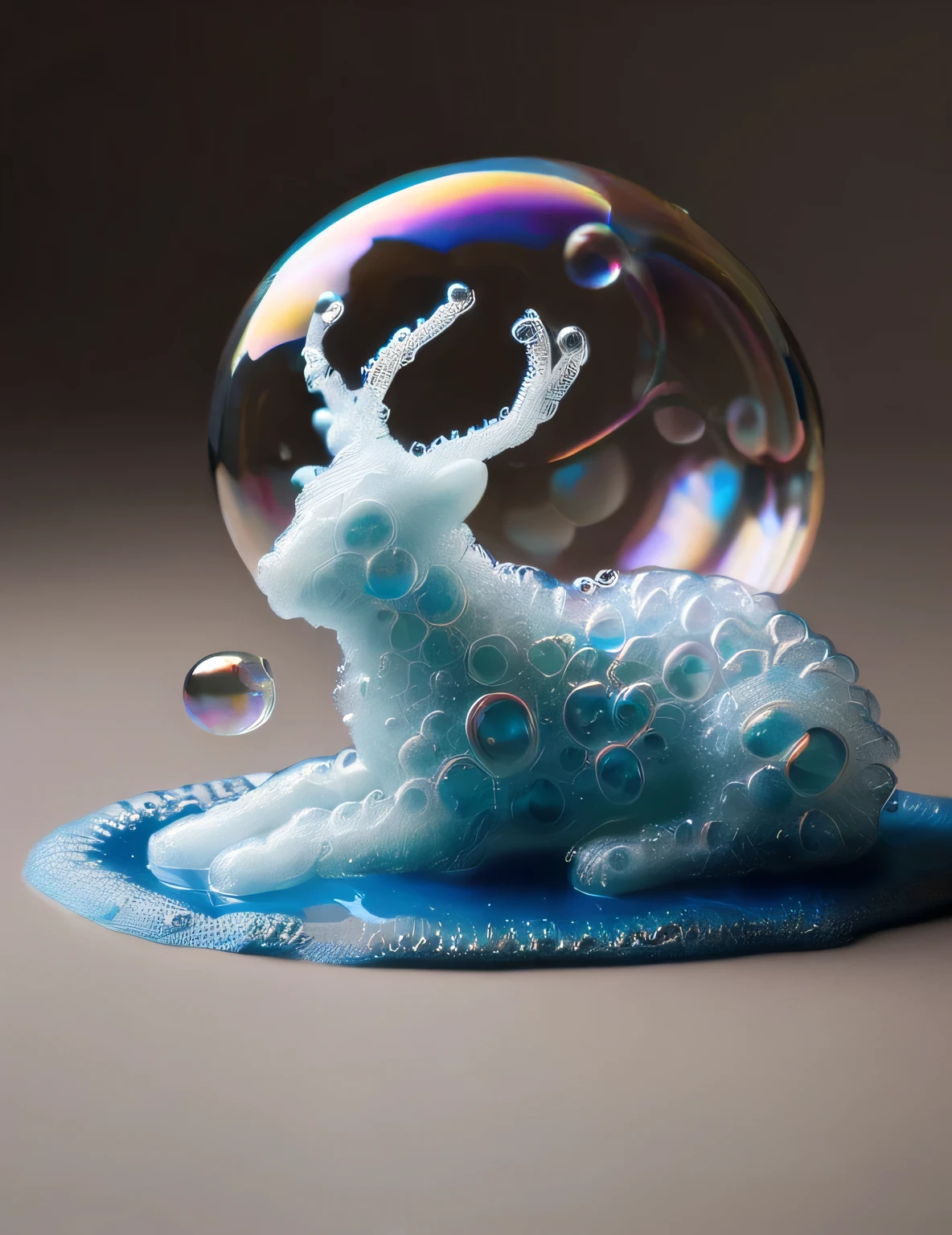 Fantasy creatures made of soap bubbles, Soap Bubble Creatures, Floating on the foam, hyperrealistic sketch, no estilo do Salvador Dali