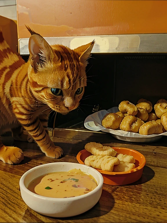 a real small orange cat animal eating nuggets at mcdonalds and dipping a nugget in the sauce