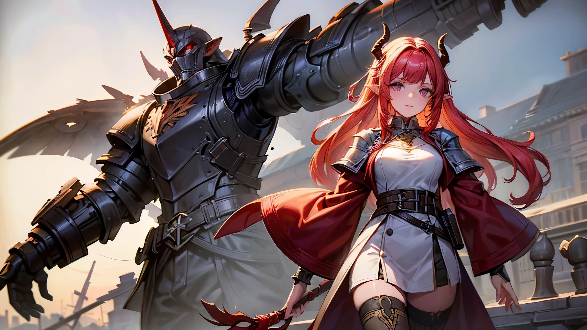 (Masterpiece, best quality), detailed, character sheet, many items (the same person, medieval royal armor, demonic heavy armor, fullplate armor, many parts), athletic, busty, demon, demon girl, detailed beautiful purple eyes, detailed face, pointy ears, red hair and white skin, braided ponytail, demon horns, full of details.
