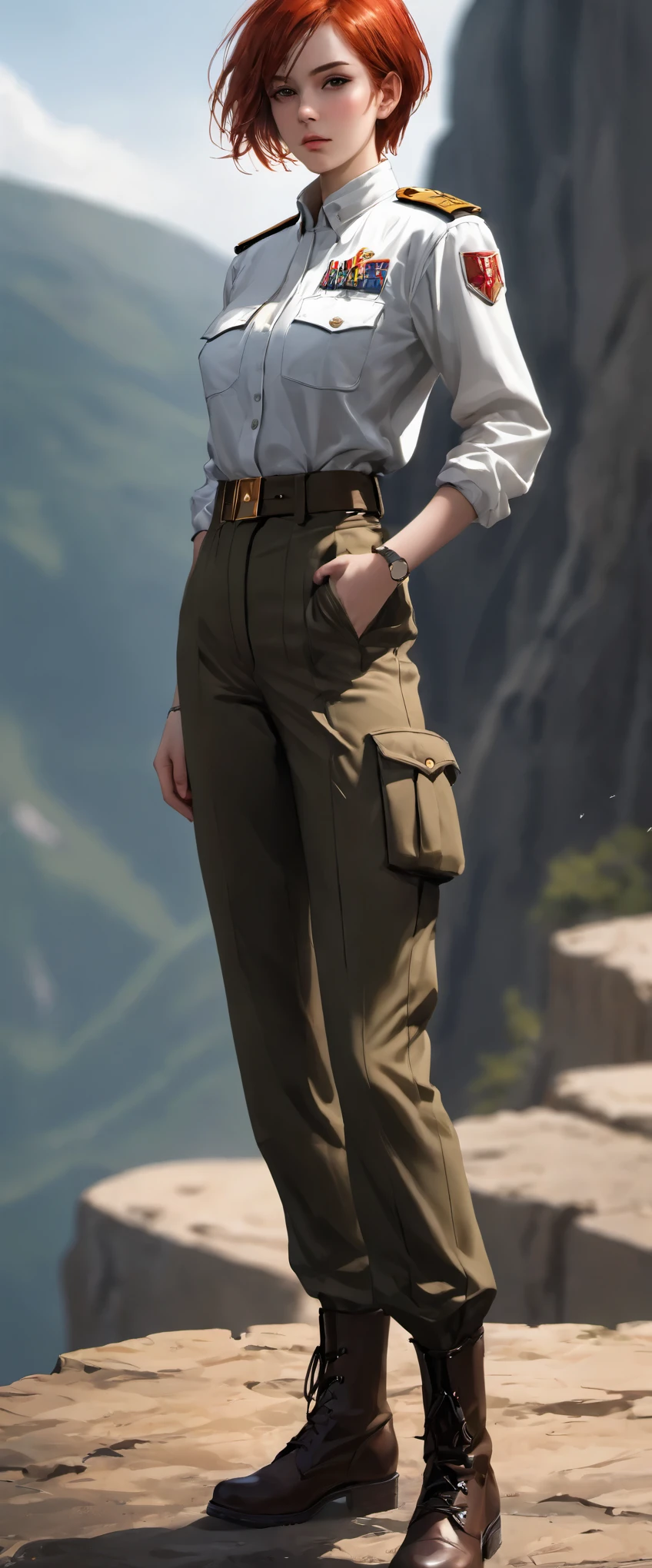(highest resolution, clearly_image) Excellent, masterpiece, High Detail, Semi-realistic,Intergalactic cowboy, a very beautiful woman, Solitary, Normal handsome posture, red short hair, Golden Eyes, indifferent expression, 18 years old, young, Tall and strong , white and red military uniform, Pants, military trousers, military boots, military uniform, military academy, confident, Serious, Cold and proud, standing on the cliff, overlooking