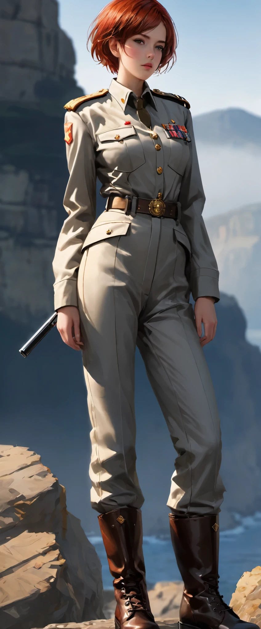 (highest resolution, clearly_image) Excellent, masterpiece, High Detail, Semi-realistic,Intergalactic cowboy, a very beautiful woman, Solitary, Normal handsome posture, red short hair, Golden Eyes, indifferent expression, 18 years old, young, Tall and strong , white and red military uniform, Pants, military trousers, military boots, military uniform, military academy, confident, Serious, Cold and proud, standing on the cliff, overlooking