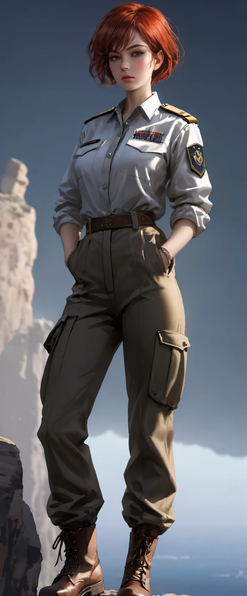 (highest resolution, clearly_image) Excellent, masterpiece, High Detail, Semi-realistic,Intergalactic cowboy, a very beautiful woman, Solitary, Normal handsome posture, red short hair, Golden Eyes, indifferent expression, 18 years old, young, Tall and strong , white and red military uniform, Pants, military trousers, military boots, military uniform, military academy, confident, Serious, Cold and proud, standing on the cliff, overlooking
