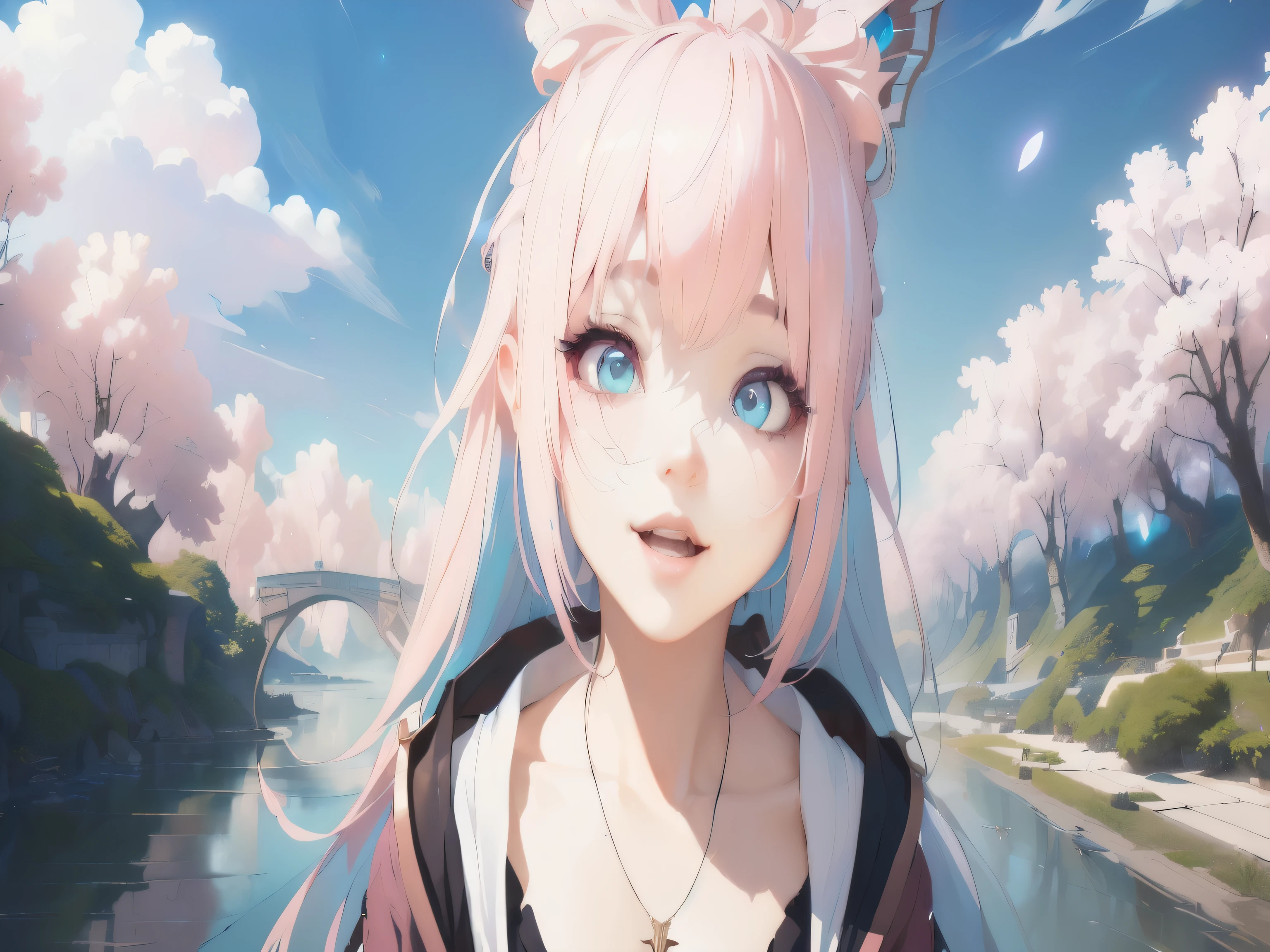 masterpiece, best quality, (extremely detailed CG unity 8k wallpaper), (best quality), (best illustration), (best shadow), absurdres, realistic lighting, (Abyss), beautiful detailed glow, art by PeterMohrBacher, (PINK HAIR) (BEAUTIFUL FACE), :-D