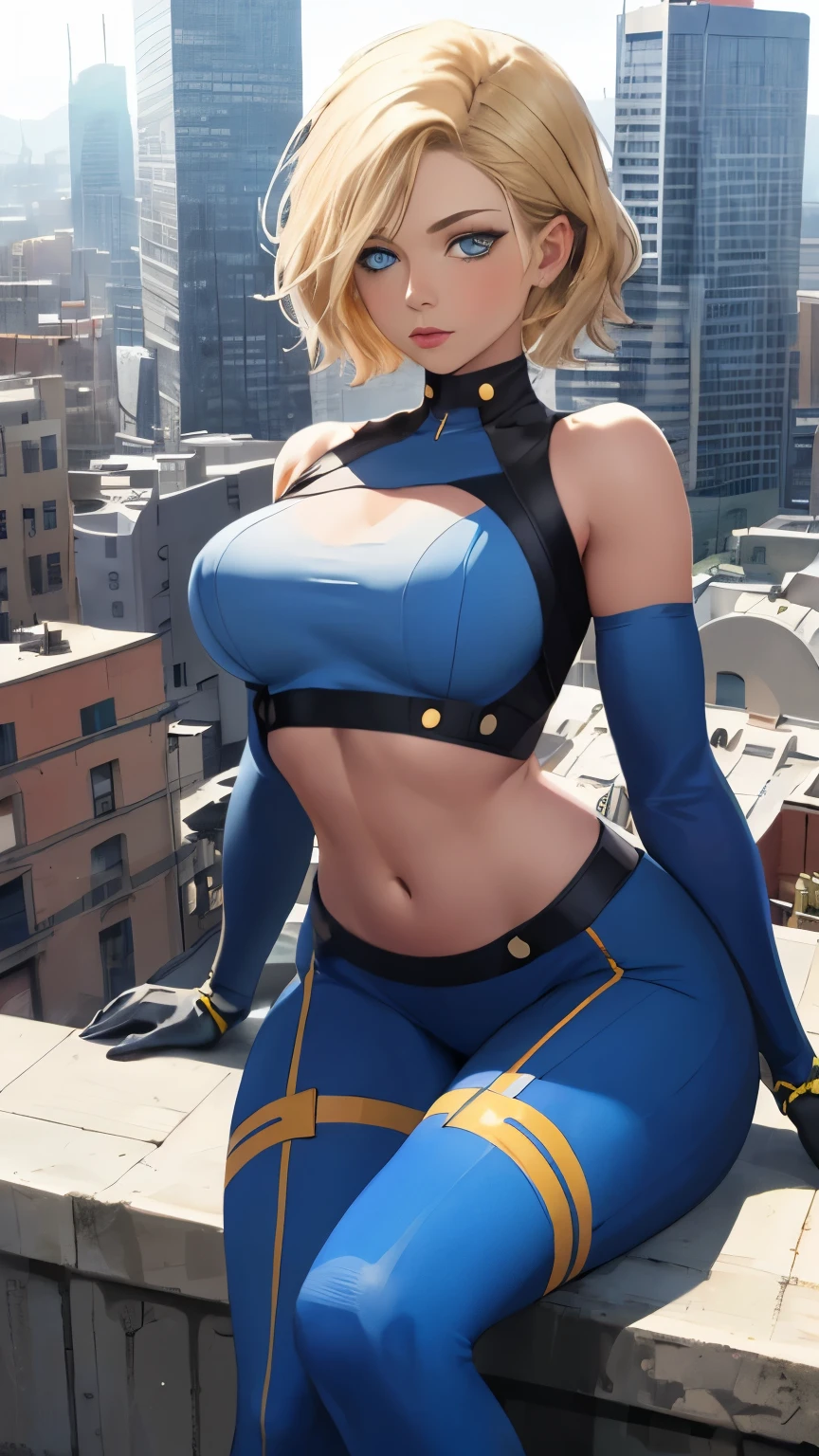 (Highly quality, masterpiece, detailed), city detailed scenario, city detailed background, 1girl, susan storm, blue eyes, blonde hair, blue bodysuit, sleeves, white elbow gloves, blue crop top, sitting on top of a building, navel, perfect face, beautiful eyes, looking at the viewer, Sexy pose