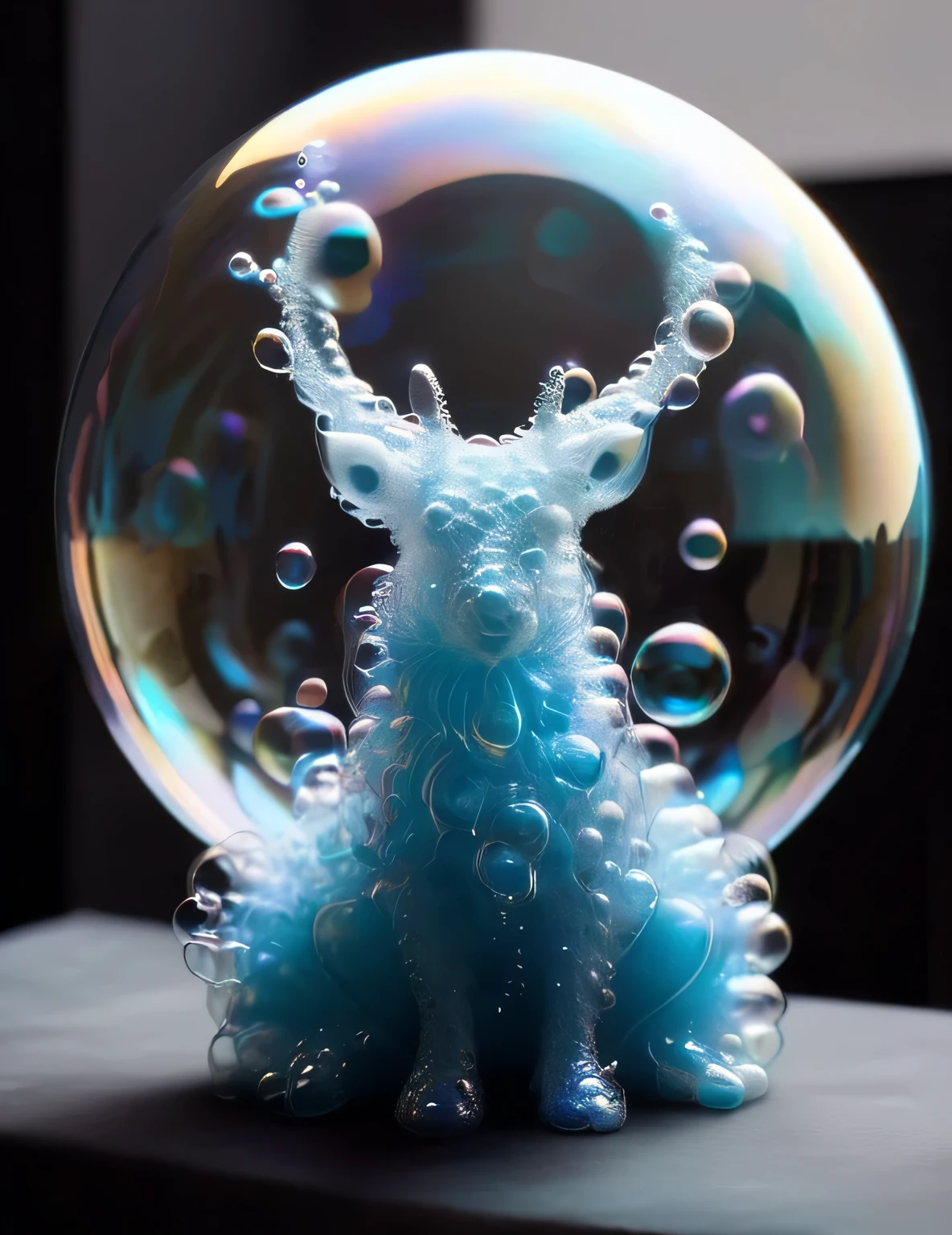 Fantasy creatures made of soap bubbles, Soap Bubble Creatures, Floating on the foam, hyperrealistic sketch, no estilo do Salvador Dali