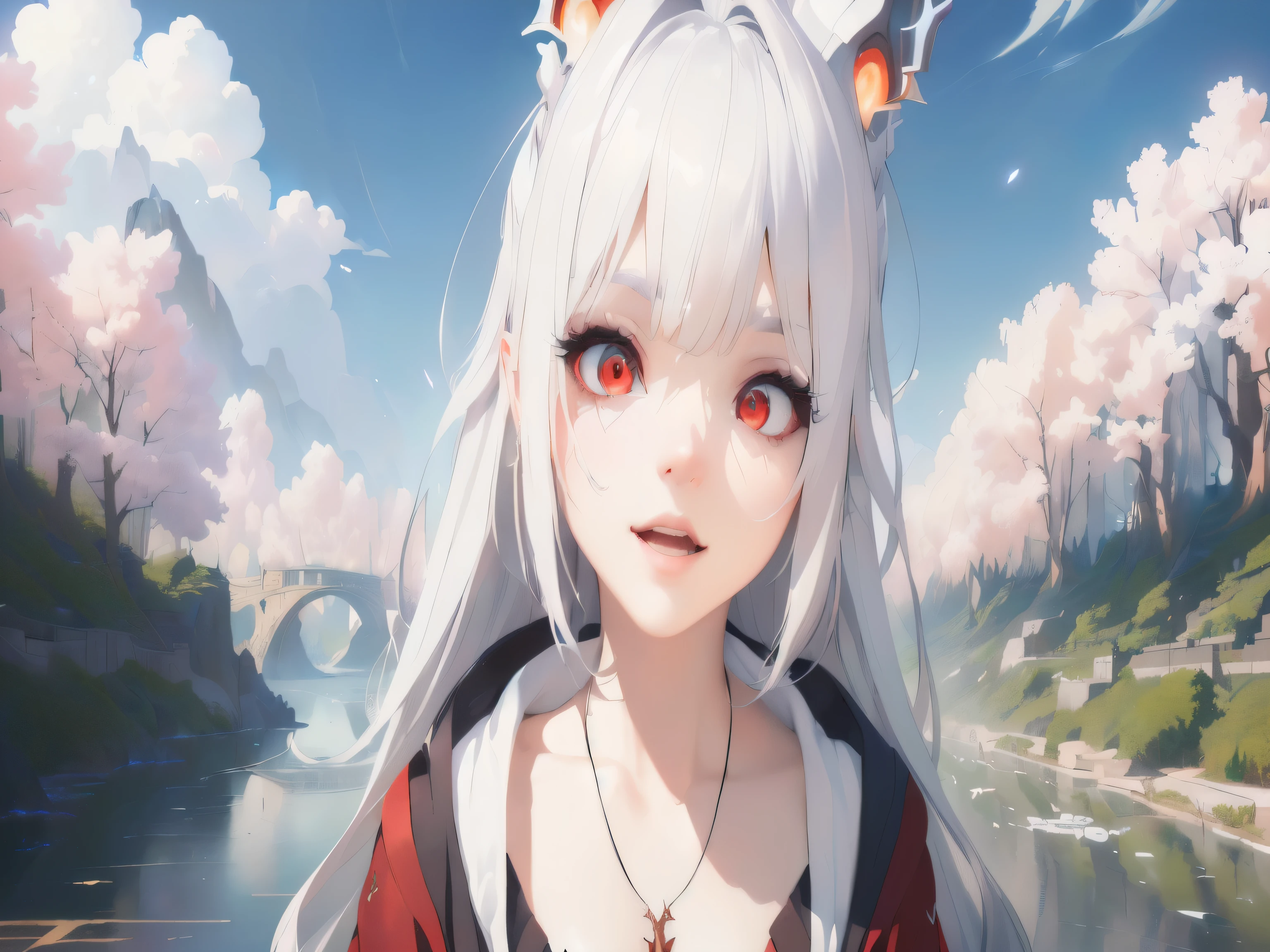 masterpiece, best quality, (extremely detailed CG unity 8k wallpaper), (best quality), (best illustration), (best shadow), absurdres, realistic lighting, (Abyss), beautiful detailed glow, art by PeterMohrBacher, (GREY HAIR) (BEAUTIFUL FACE), :-D, (RED EYES) (BRIGHTNESS IN THE PUPILS)