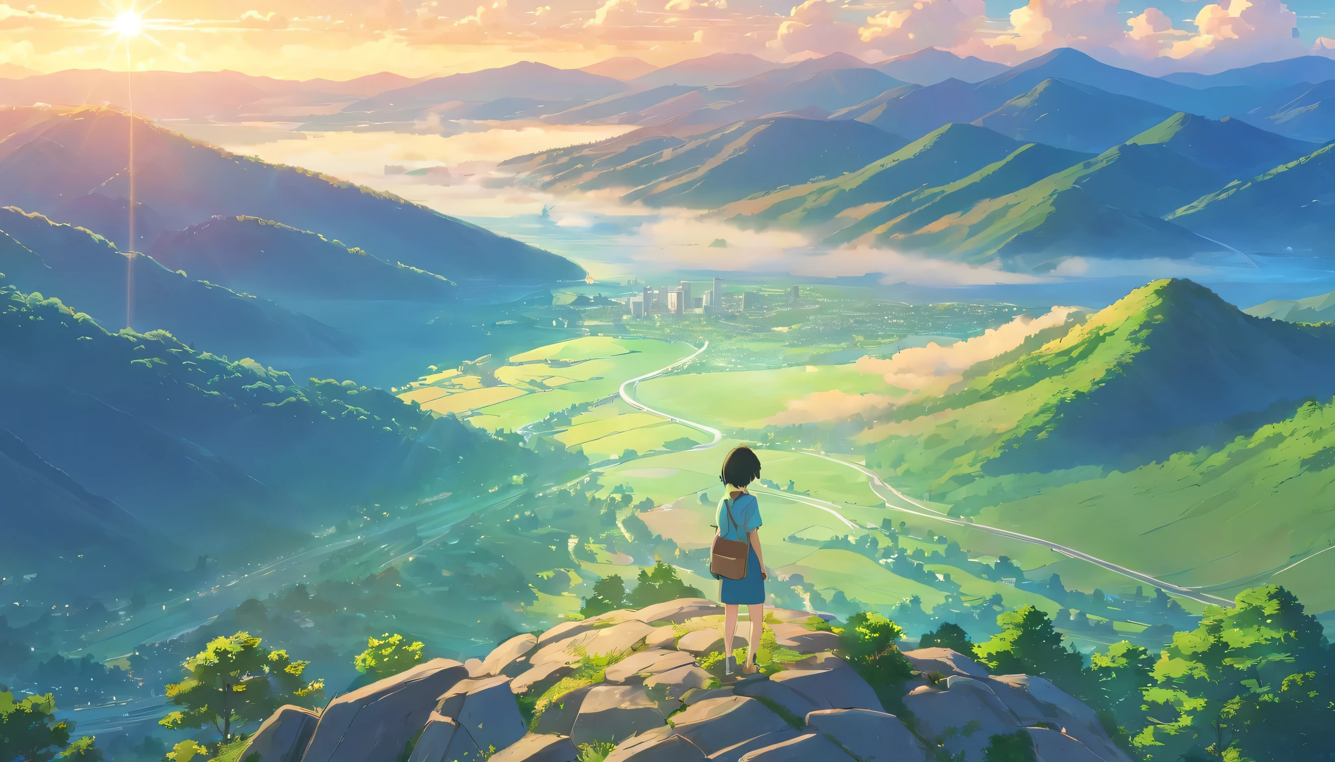 masterpiece, best quality, official art, Extremely detailed CG unified 8k wallpaper: 1.8) top view，Sky，mountains，hills。8K Wallpaper