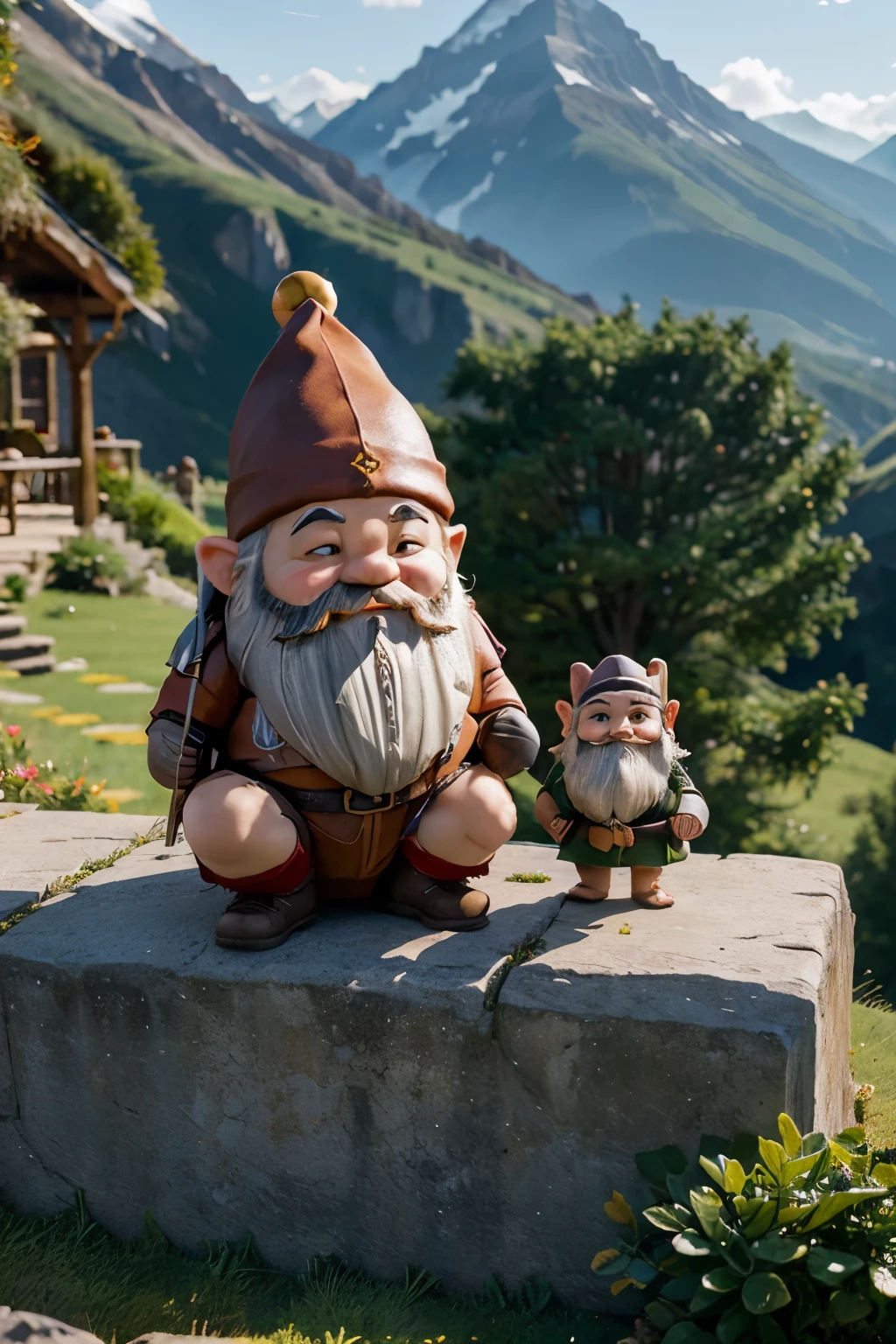 make me a picture of x20 gnome like fantasy Cute creatures playing on grass like ledges in a fantasy real like mountain scape
