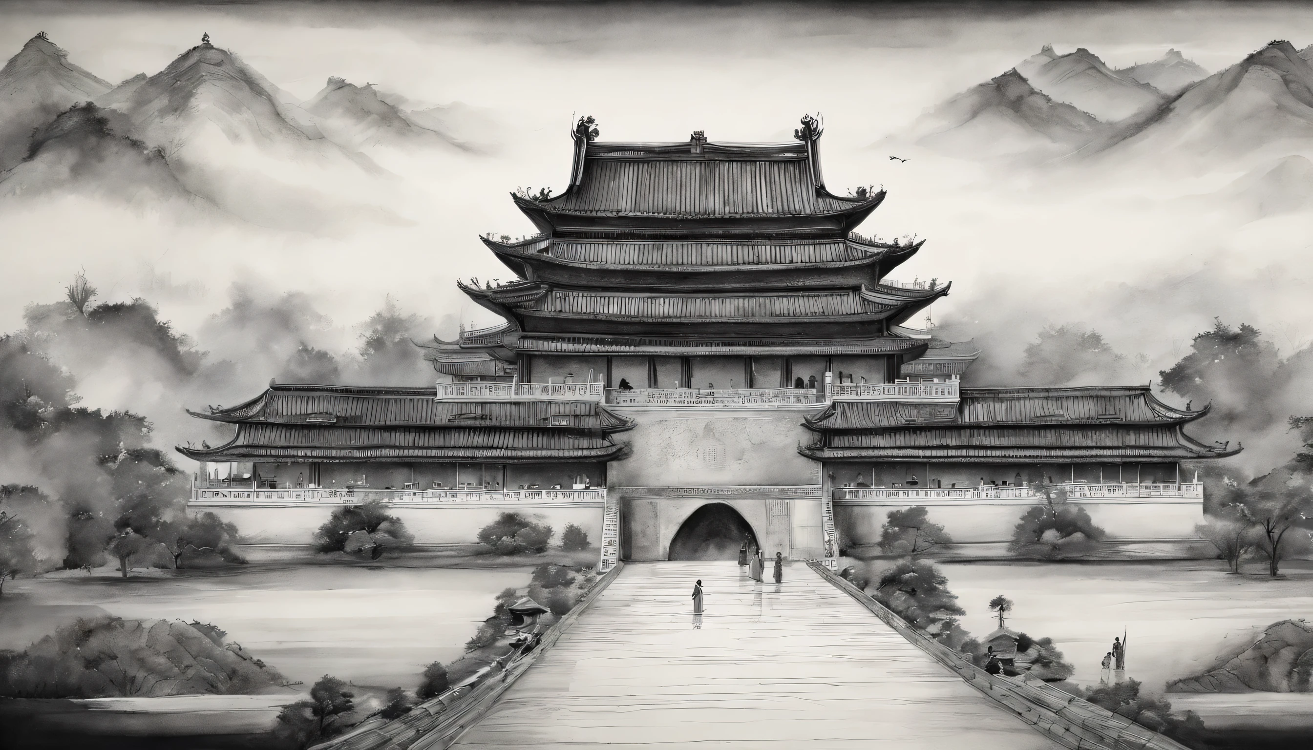 A reader，Deep black and white，royal palace，culture，big sky，square，Old Hall，Tang Dynasty