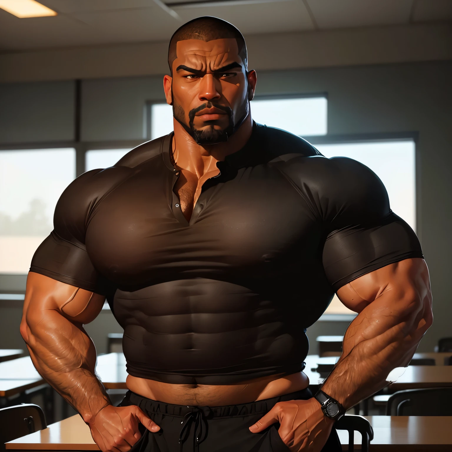 an exaggeratedly muscular and large bodyguard, beefy build, beard, dark-skinned african american male, buzzcut hair with square line, (stern expression: 1.2), (wearing black business casual shirt: 1.2), (shirt pulled up past midriff: 1.2), barely oned, school logo on shirt, (bara pecs: 1.3), (arm and chest hair: 1.1), close-up portrait HD, (cowboy angle), (classroom)