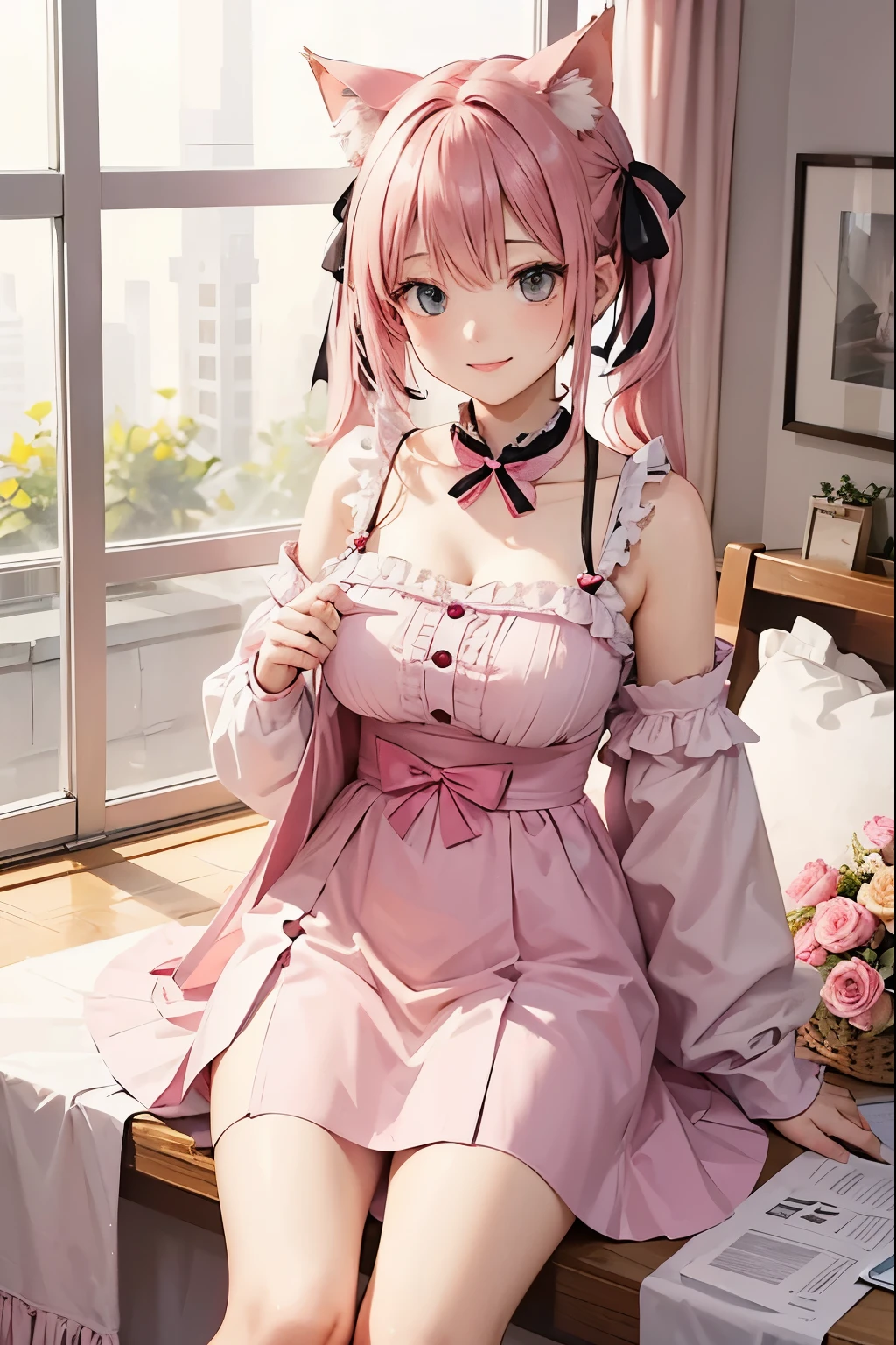 Cat with pink ribbon、hair pink、Smile、There are gifts,Large movements