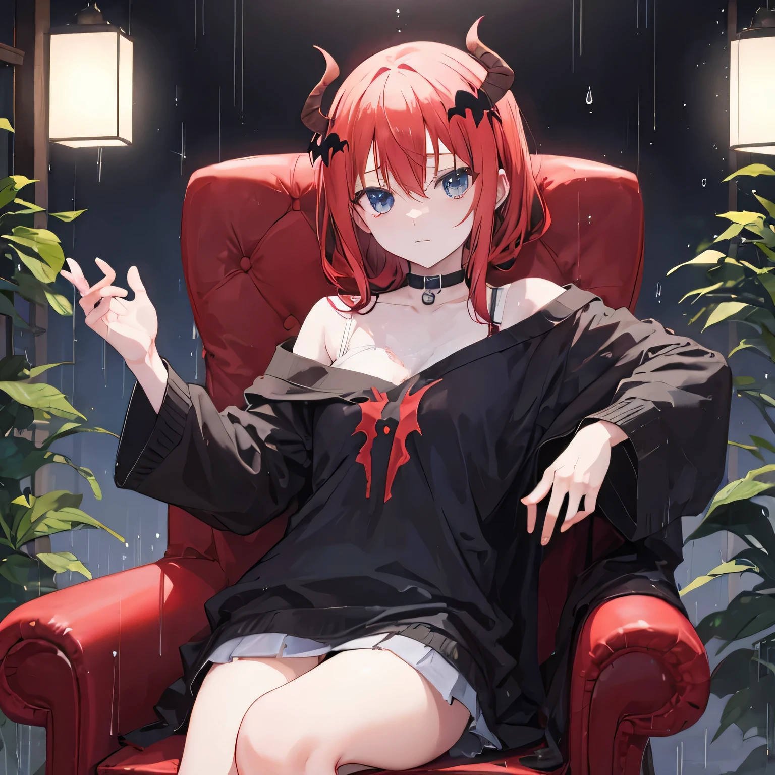 Satanichia Mcdowell in an armchair sitting and posing as if she is thoughtful on a calm night with rain dressed casually