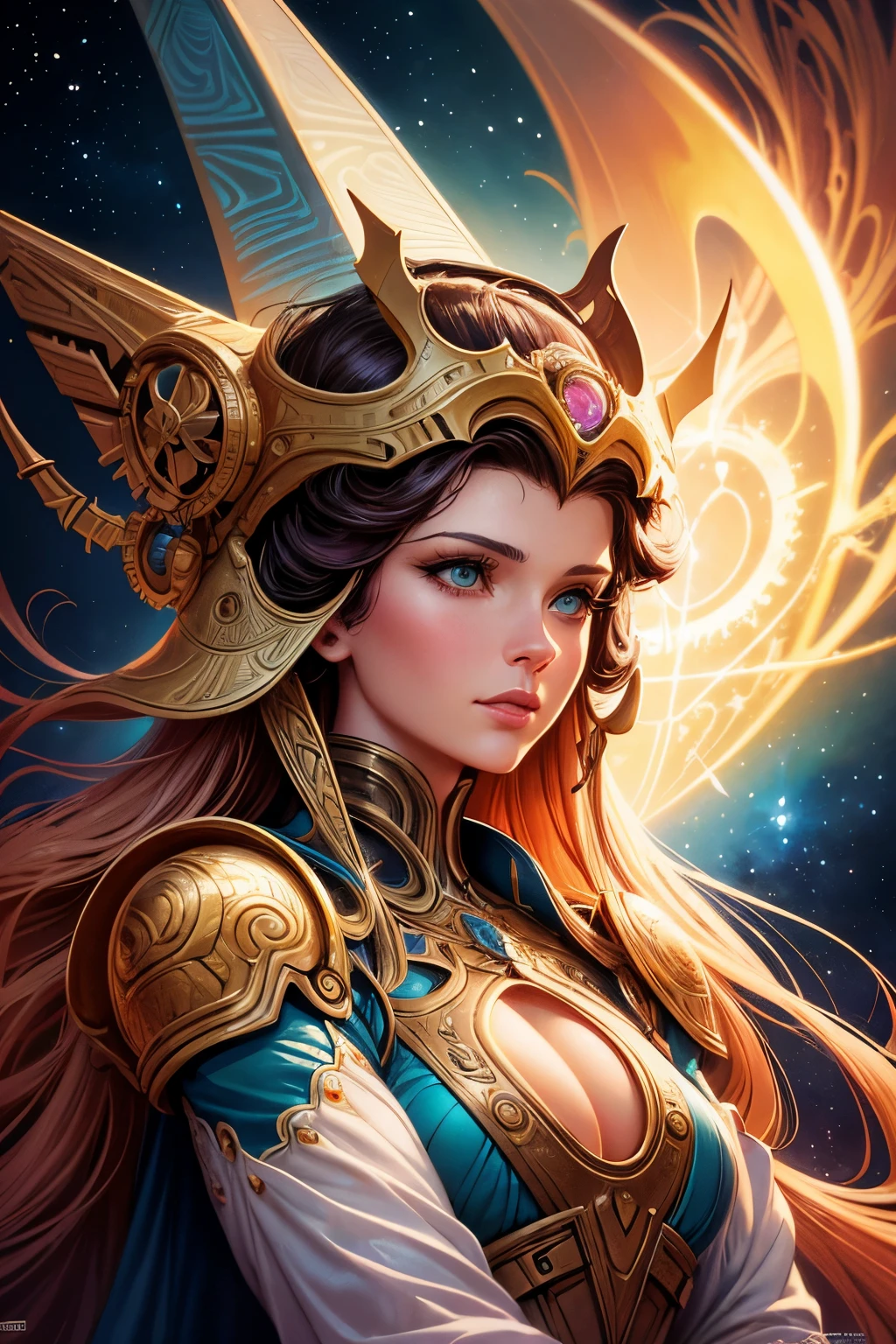 a close up of a woman with a helmet on and a sci - fiore, boris vallejo and tom bagshaw, prophet graphic novel, cosmic artifacts, inspired by Earl Norem, deepdream, awarded on cgsociety, looks a bit similar to amy adams, golden turquoise steampunk, anno 2070
