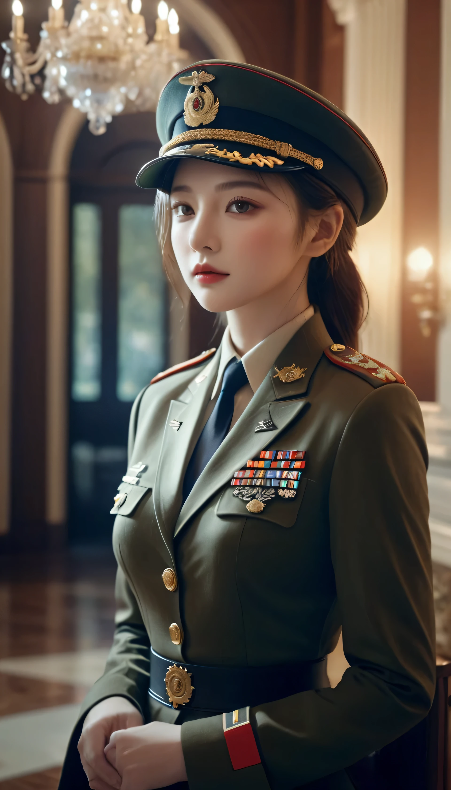 Very detailed CG unity 8K wallpaper，（tmasterpiece），（best qualtiy），（ultra - detailed），（Ultra photo realsisim），（best character detail：1.36），Nikon D750 f / 1.4 55mm，profesional lighting， physically-based renderingt, 1girll, Female soldier，army suit，Dark green military uniform，Fabric texture military uniform，Pure white lining，Dark green tie，bucket-hat，Black hair，the golden ratio,[:(com rosto detalhado:1.2):0.2]:,PureErosFace_V1, broad shoulder,(Bigchest:1.5),(big assa:1.5)，Soaked with sweat，red flags，In the square，Splendid scenery，bright sun，upper body photos，Place your hands on your chest，  Small flag，Flag of China，Night Street，lighting，Contre-Jour，