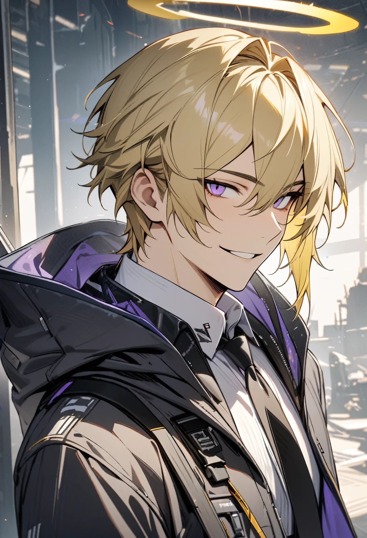 Masterpiece, solo, handsome, 1 male, dark blue hooded yellow tip, white shirt, black tie, blonde hair, purple eyes, smile facial, halo, arknights, gun
