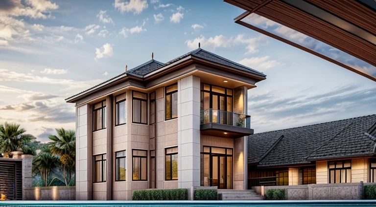 (masterpiece),(high quality), best quality, real,(realistic), super detailed,(full detail),(4k),8k,modern house exterior design,Modern architecture,white_house,Beautiful_sky,sunrise_light,(gentle light),((no_strong_contrast)), no_humans, outdoors,sky,((Tropical_trees)),Coconut_trees,Palm trees,Pool and Garden_flower_front_of_building,pool villa,(strong interior light),