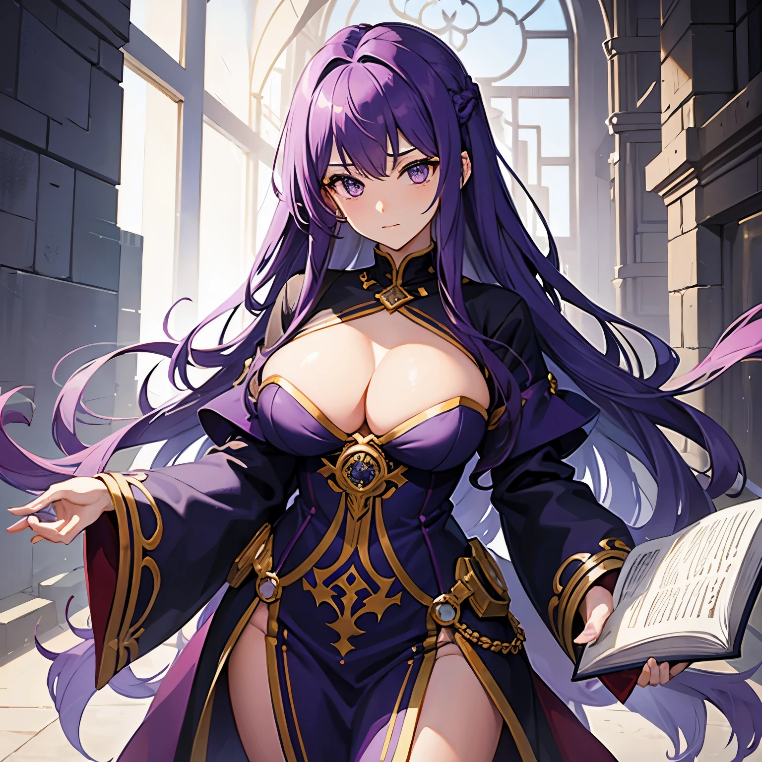 Busty purple haired priestess standing and holding a book