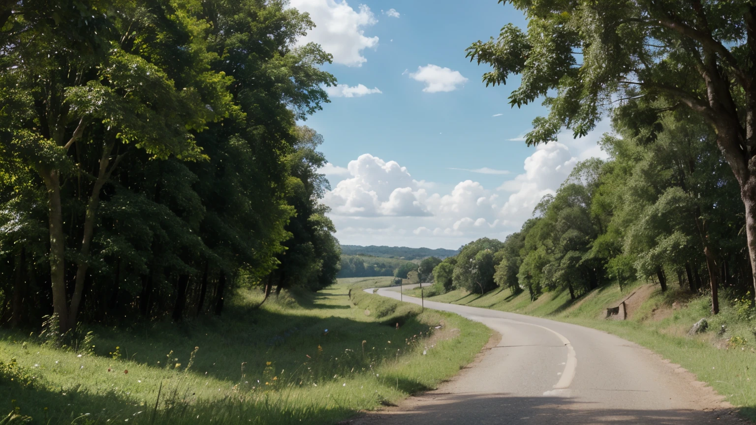 Country Road,Sunny day with lush vegetation,panoramic,Side view