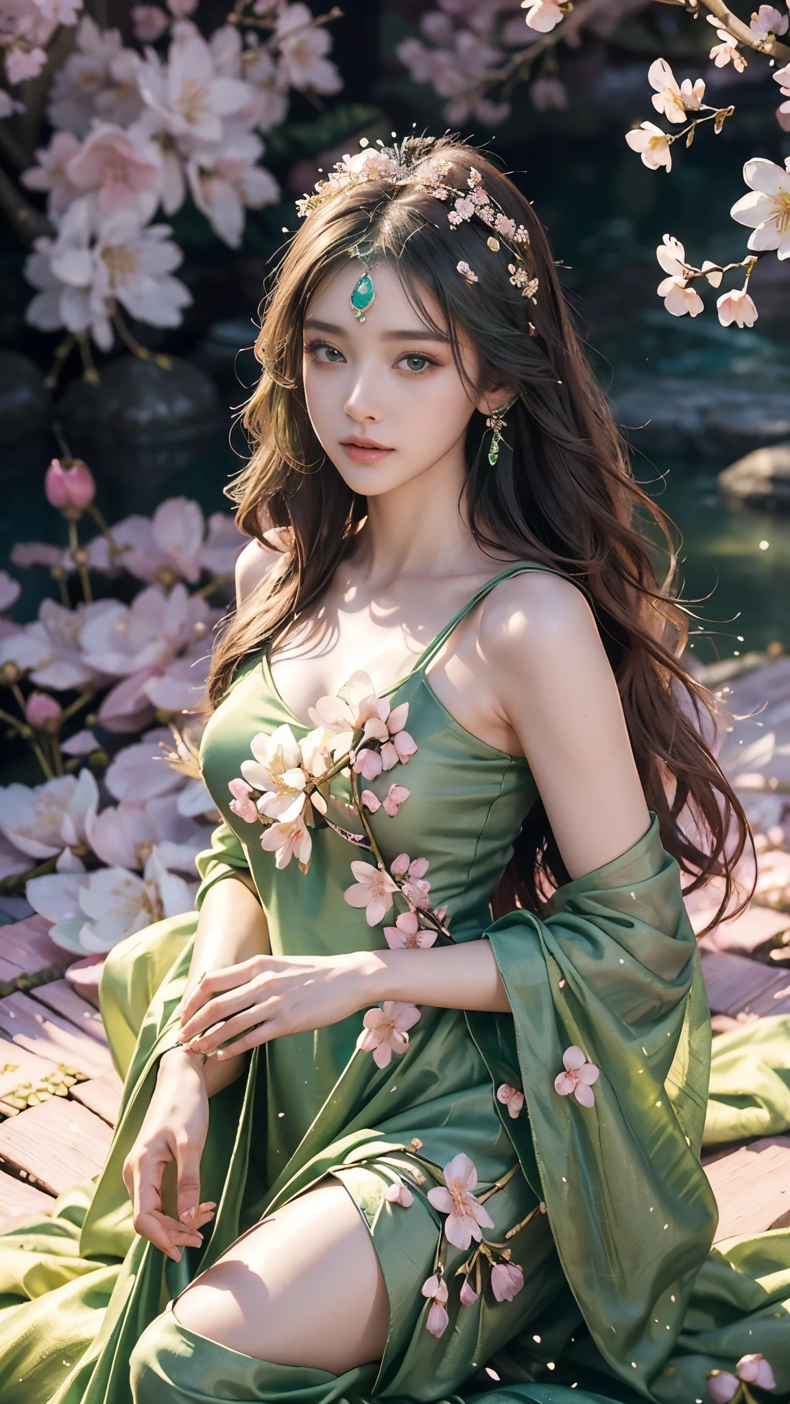 4K, Ultra HD, Masterpiece, 1 girl, (good face:1.4), detailed eyes, very long hair, princess dress, (green dress:1.5), (wearing jwellery:1.5), (cherry blossom:1.5), (bloom effect:1.5), Detailed Fantasy Art, Stunning Character Art, beautiful Exquisite Character Art, Beautiful, Extremely Detailed, Exquisite Intricate Headdress and Jewellery, perfect body,