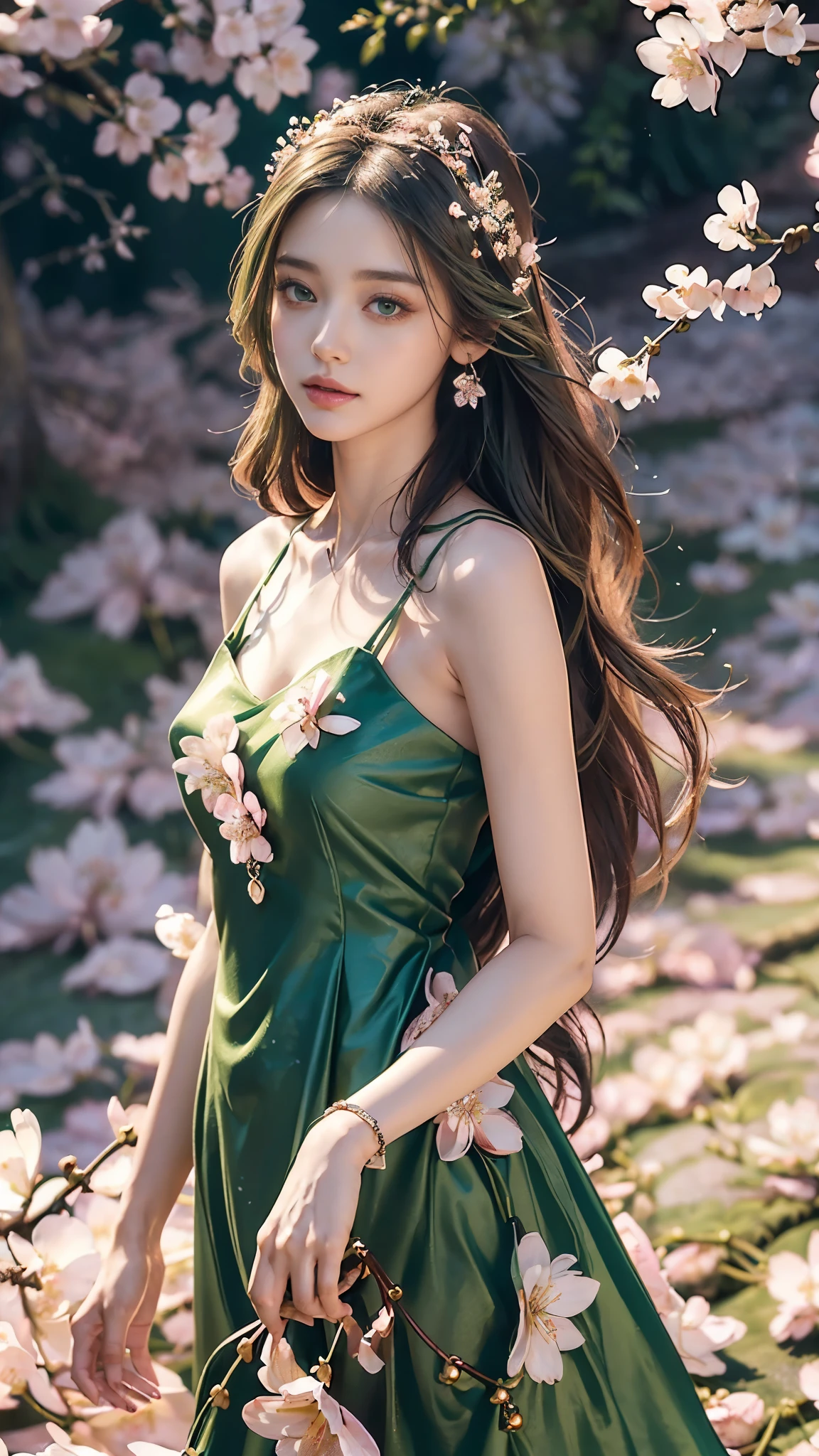 4K, Ultra HD, Masterpiece, 1 girl, (good face:1.4), detailed eyes, very long hair, princess dress, (green dress:1.5), (wearing jwellery:1.5), (cherry blossom:1.5), (bloom effect:1.5), Detailed Fantasy Art, Stunning Character Art, beautiful Exquisite Character Art, Beautiful, Extremely Detailed, Exquisite Intricate Headdress and Jewellery, perfect body,