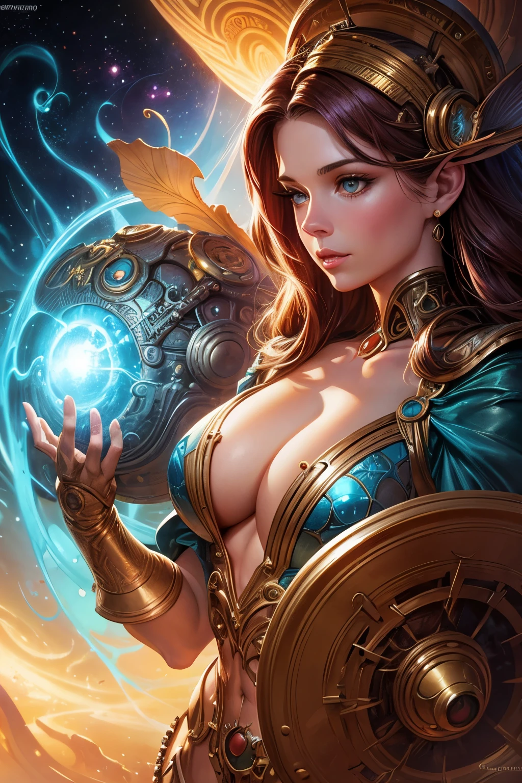 a close up of a beautiful woman with on and a sci - fiore, boris vallejo and tom bagshaw, prophet graphic novel, cosmic artifacts, inspired by Earl Norem, deepdream, awarded on cgsociety, looks a bit similar to amy adams, golden turquoise steampunk, anno 2070  