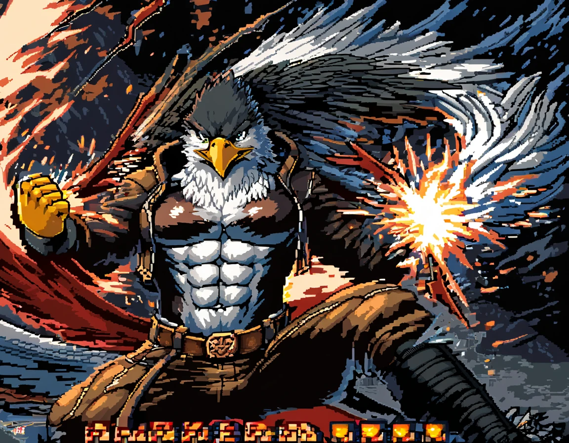  game screenshot, ((solo)), anthro male eagle, expressive, dynamic, good anatomy, attractive, Abs, pecs, sprite art, fighting pose, torn clothes, badass
