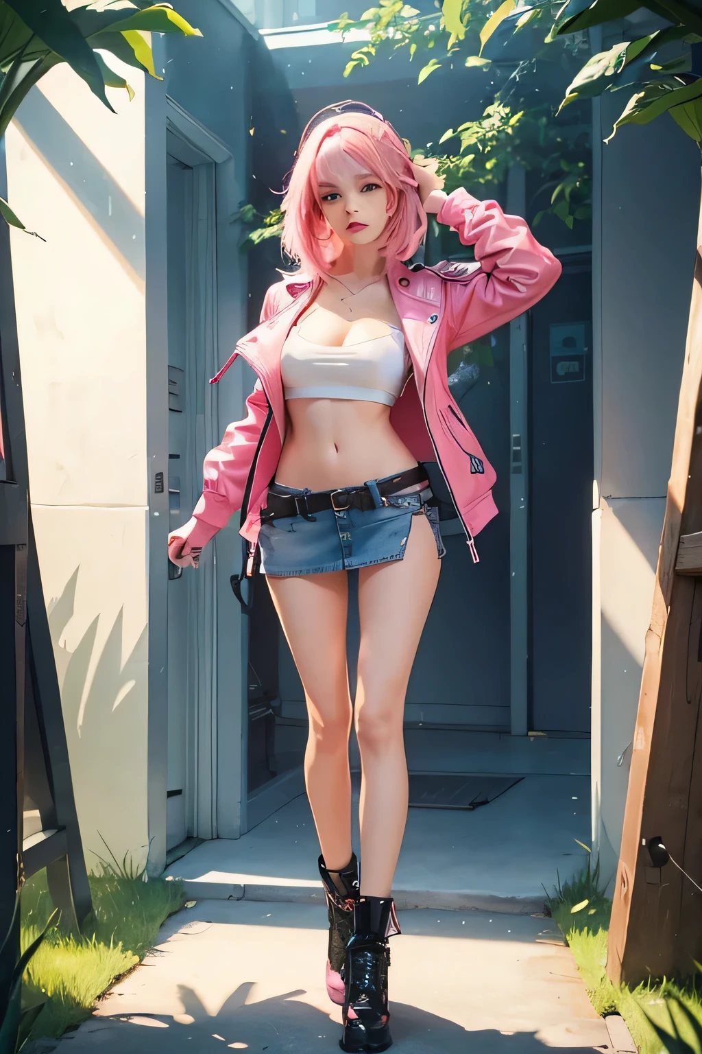 Gorgeous young woman, slim built, small perky breasts, wearing a white tube top showing off her massive tits, a pink leather jacket that is unzipped, pink panties, short mini skirt. full body shot, long pink hair, minimal make up on, natural look, vivid colors, render as a fortnite style character