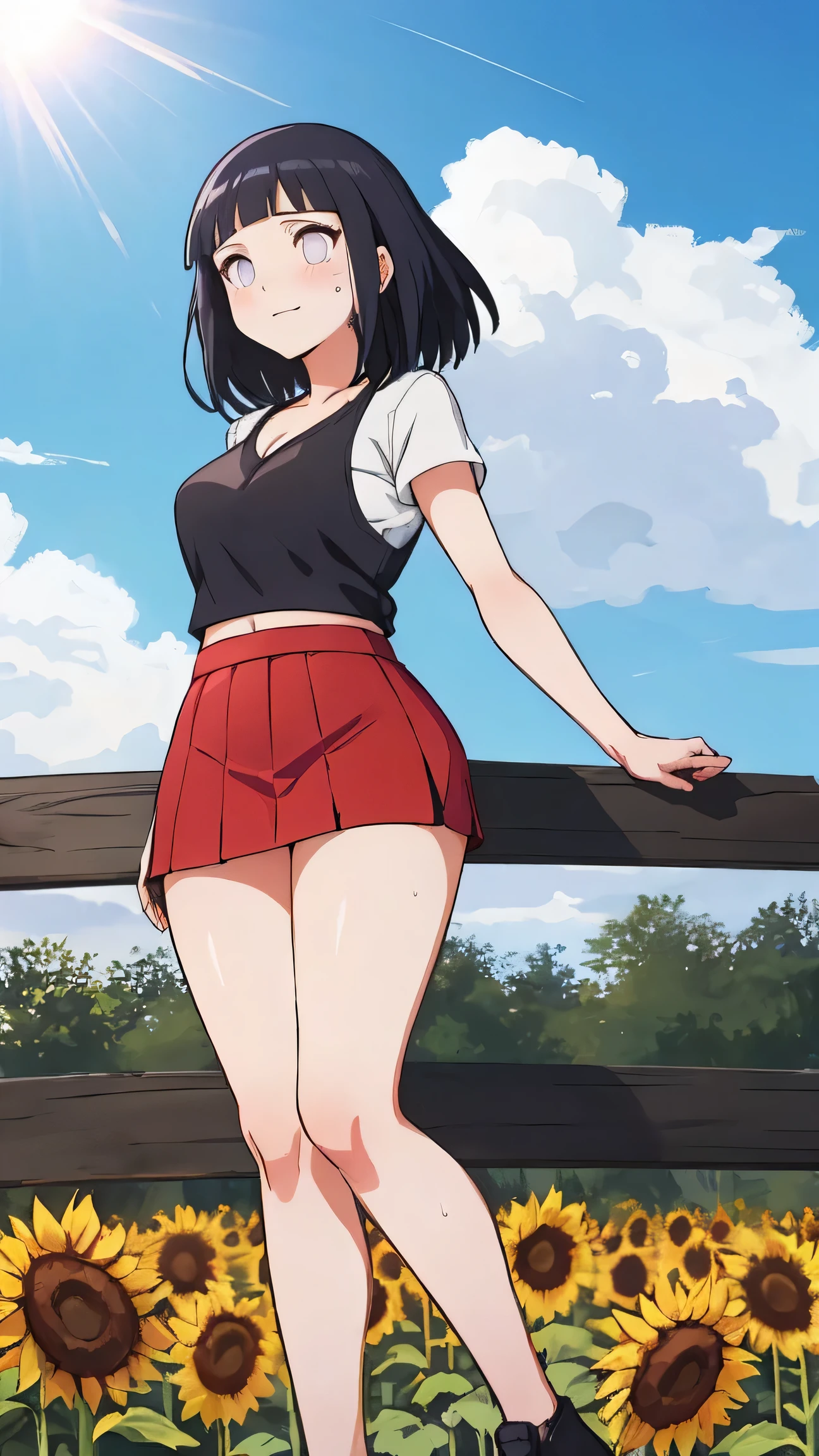 Hinata wearing a crossover red top and short red miniskirt standing  leaning back on a big fence with sunflower field behind the model and Bright sun in the sky (Best quality)(Full body)(mild sweating)(Venus brand name on clothes)