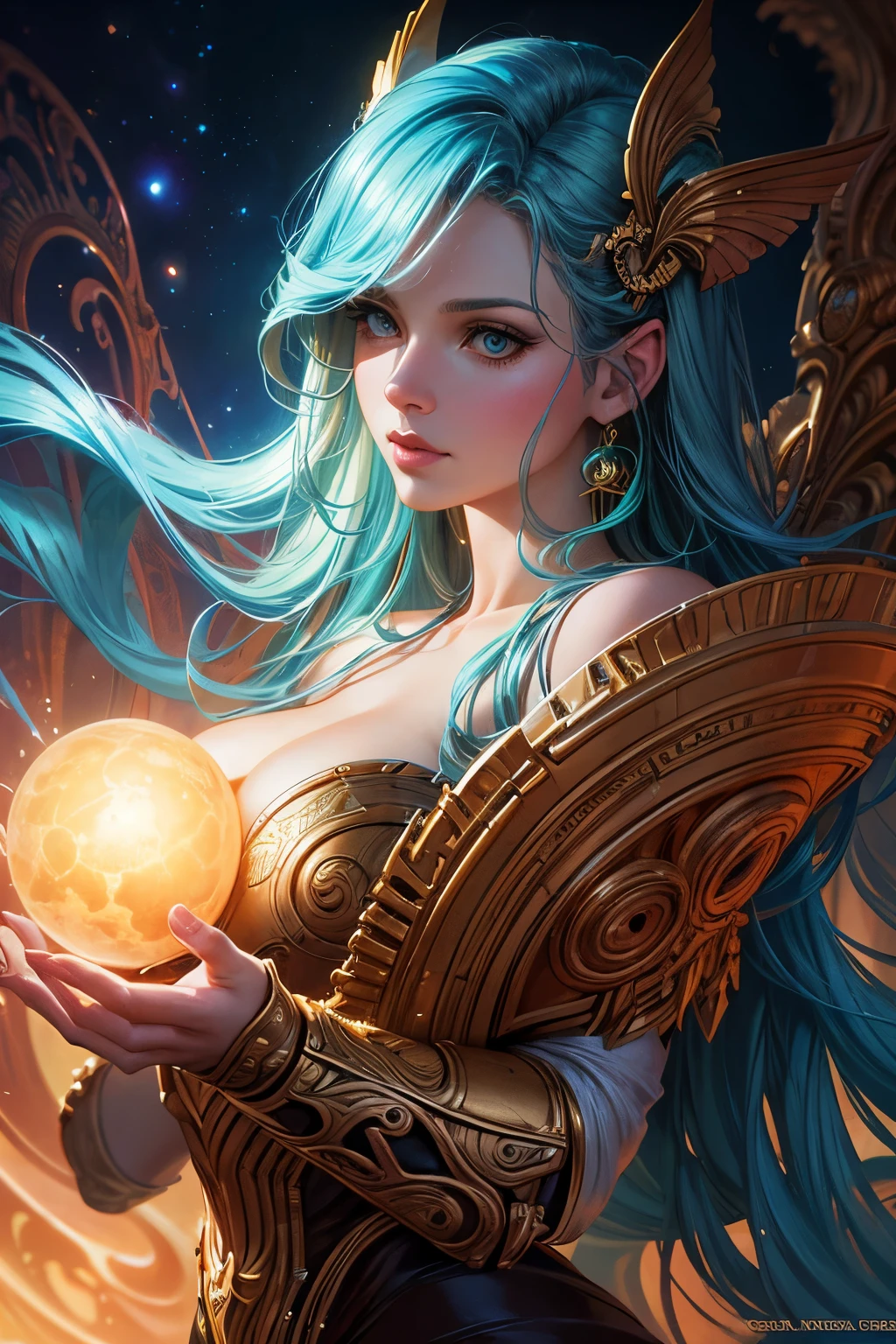a close up of a beautiful woman with on and a sci - fiore, boris vallejo and tom bagshaw, prophet graphic novel, cosmic artifacts, inspired by Earl Norem, deepdream, awarded on cgsociety, looks a bit similar to amy adams, golden turquoise steampunk, anno 2070