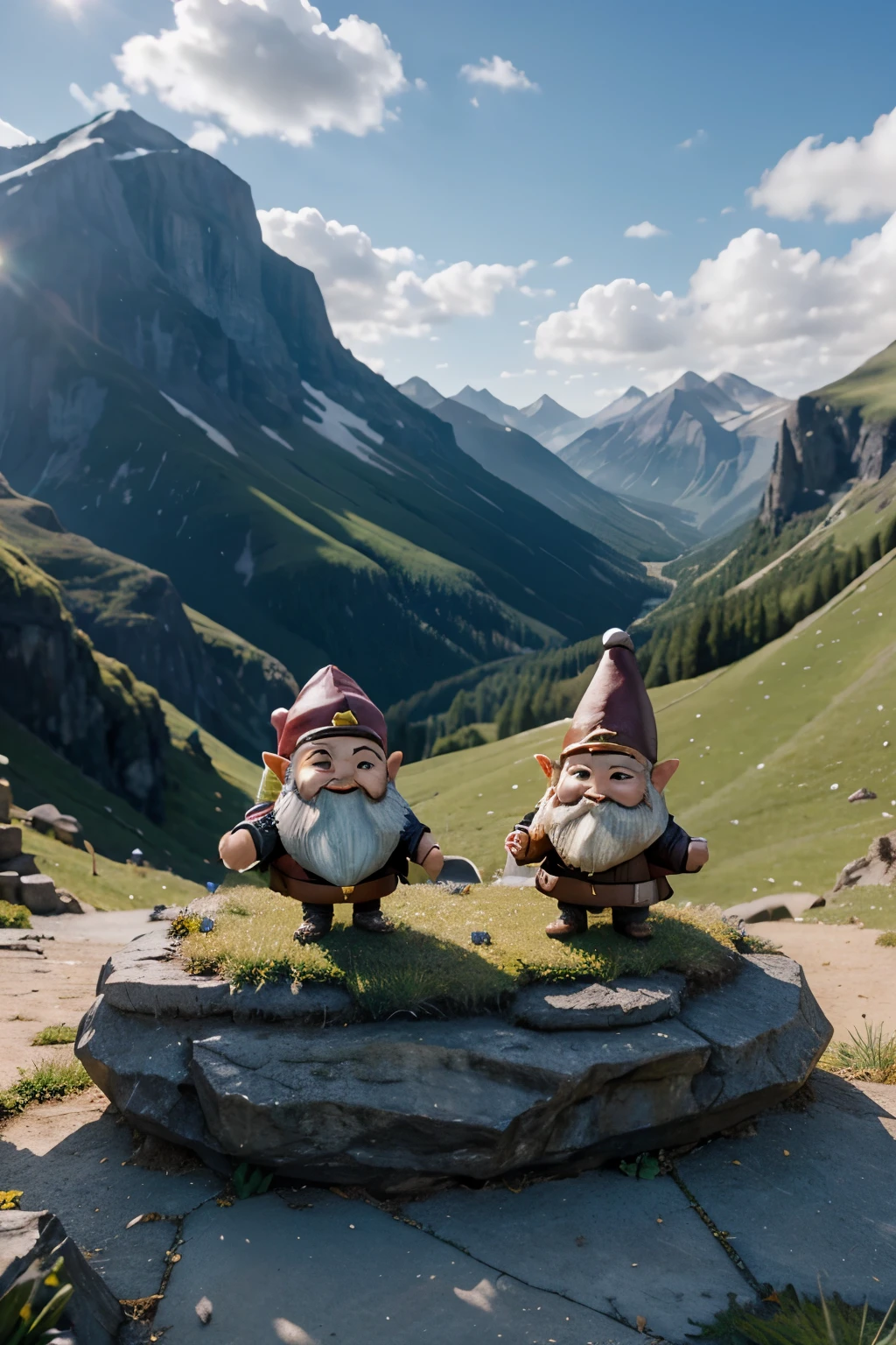 make me a picture of x20 gnome like fantasy Cute creatures playing on grass like ledges in a fantasy real like mountain scape
