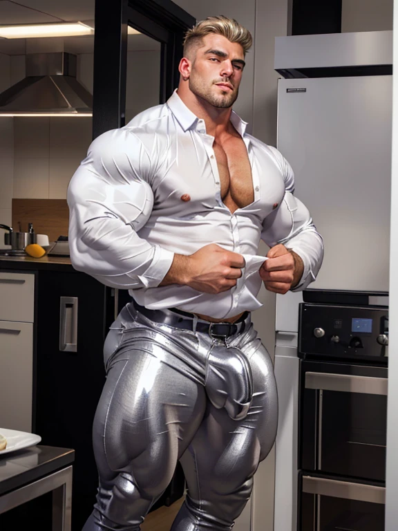 araffe dressed in a white shirt and silver pants, huge glistening muscles, super buff and cool, very beautiful. big muscles, strong and imposing, beefy, big muscles, large muscles, robust stocky body, big muscle, huge muscles, sexy masculine, masculine and strong, attractive beefy man, very muscular, massive muscles, white tight shirts, unbuttoned, hairy chest, big pecs, nipple, big biceps and triceps, shiny silver pant, tight pant, tight shirt