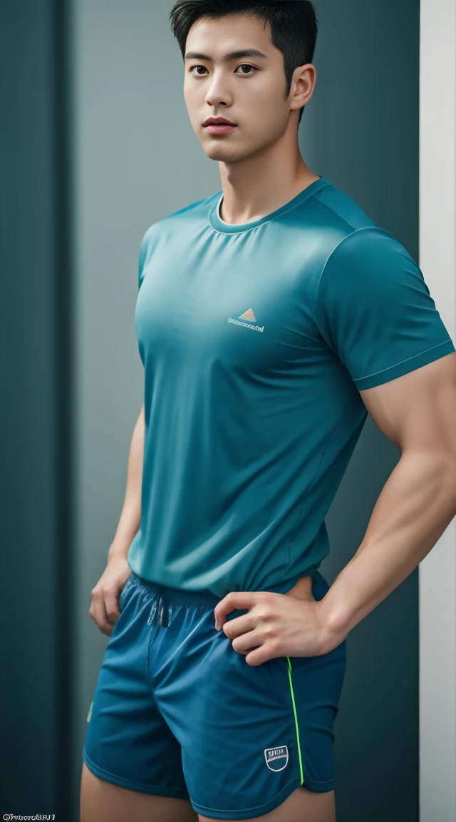Firefighter in his 20s，Has short black hair， Wear green training clothes、Blue shorts, High resolution, masterpiece, Best quality, head:1.3,((Hasselblad photos)), Delicate skin, Be focused, (Movie Lighting), at night, Soft lighting, Dynamic angle, [:(Delicate face:1.2):0.2],(((exercise))), sports, Arm muscles are very big, Hands in crotch.