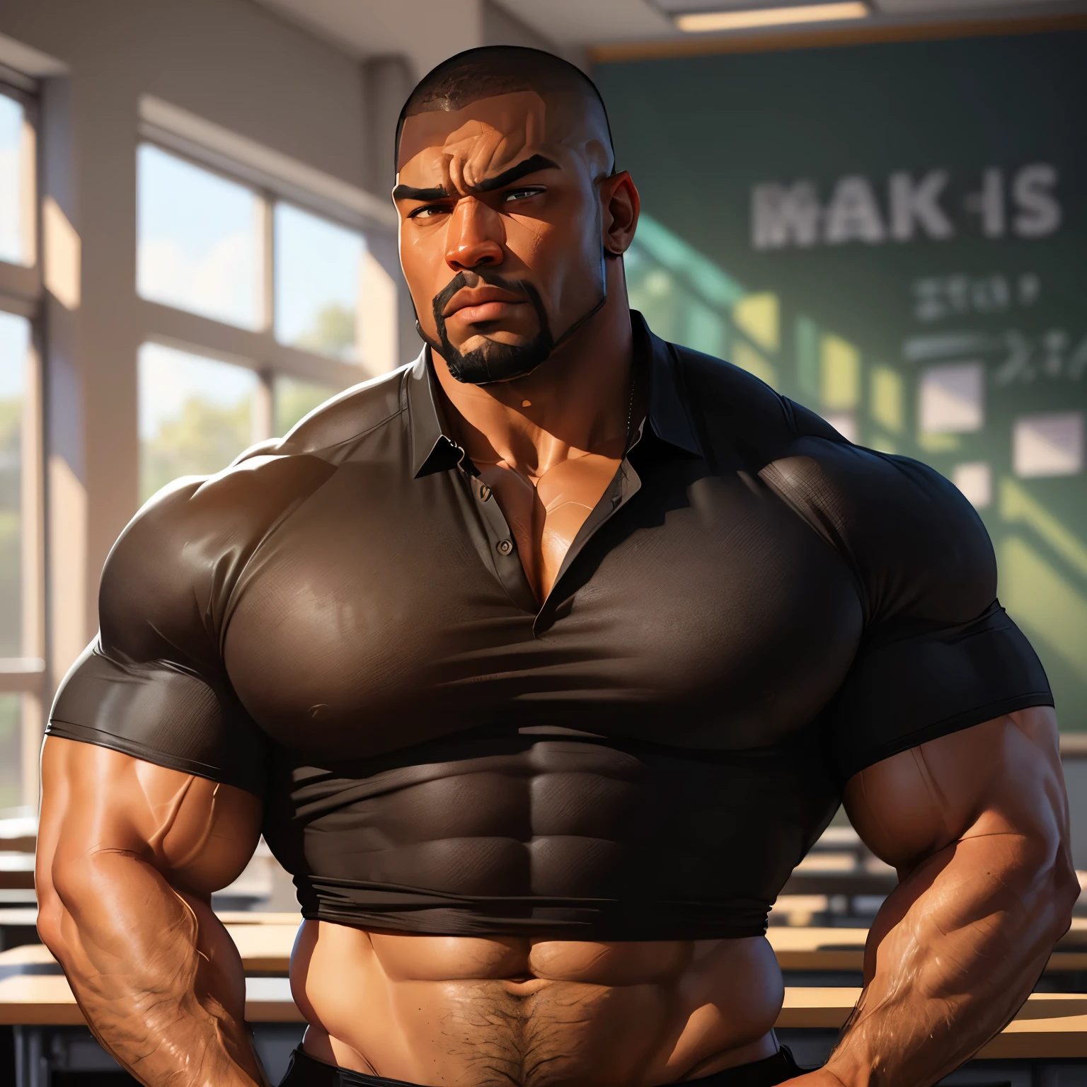 an exaggeratedly muscular and large bodyguard, beefy build, beard, dark-skinned african american male, buzzcut hair with square line, (stern expression: 1.2), (wearing black business casual shirt: 1.2), (shirt pulled up past midriff: 1.2), barely buttoned, school logo on shirt, (bara pecs: 1.3), (arm and chest hair: 1.1), close-up portrait HD, (cowboy angle), (classroom)