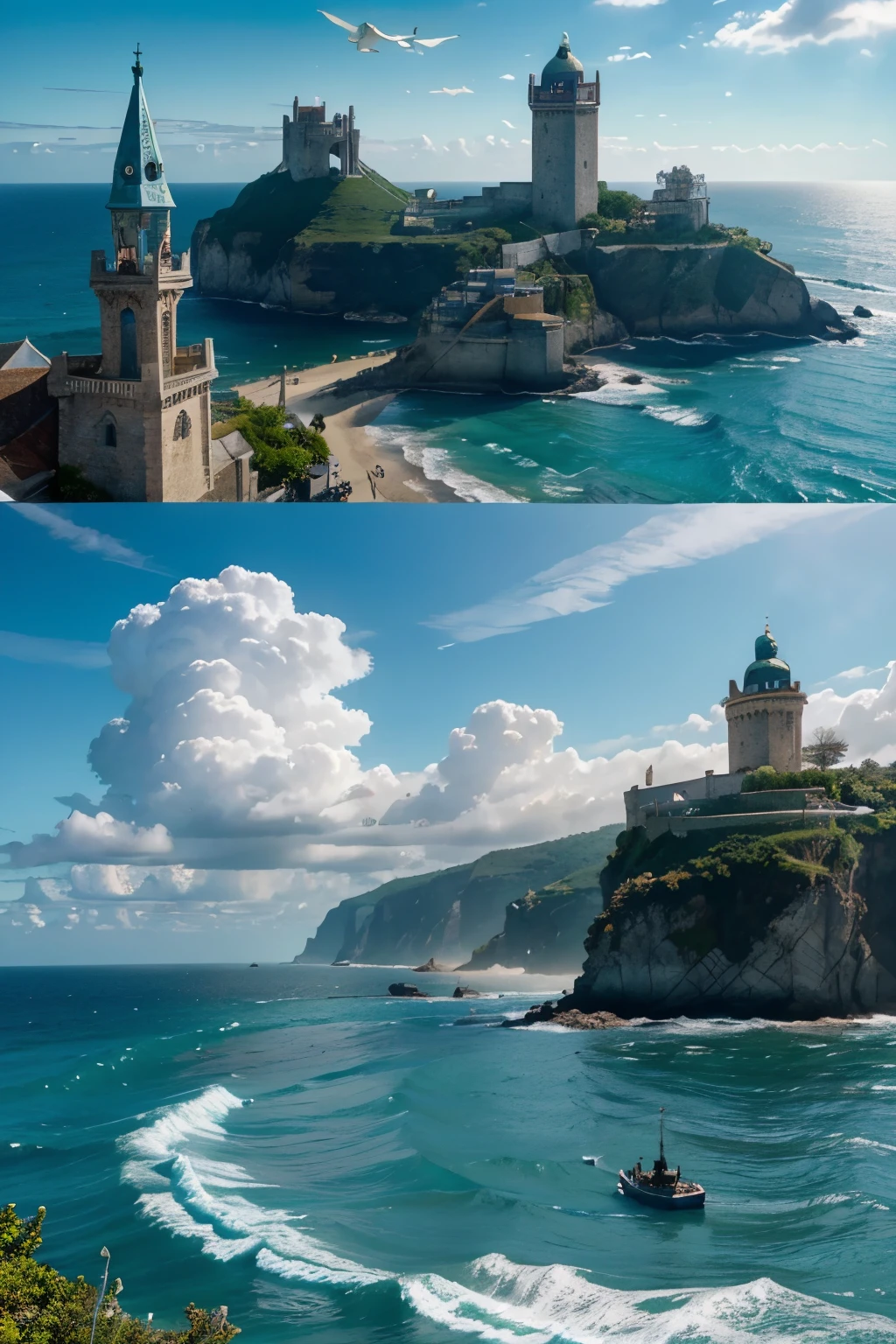 Create a vivid fantasy scene set against a sprawling ocean backdrop. In this richly detailed tableau, mighty dragons soar through the sky, their scales shimmering in the sunlight. Below, a bustling port town teems with life, its colorful buildings and winding streets hinting at tales of adventure and magic. Amidst the waves, mysterious sea creatures dance, adding an aura of enchantment to the scene. Your task is to weave together elements of fantasy and wonder, inviting viewers into a world where the line between imagination and reality blurs