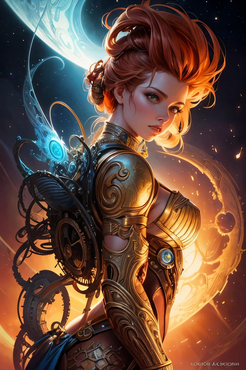 From side,  beautiful woman with on and a sci - fiore, boris vallejo and tom bagshaw, prophet graphic novel, cosmic artifacts, inspired by Earl Norem, deepdream, awarded on cgsociety, looks a bit similar to amy adams, golden turquoise steampunk, anno 2070  