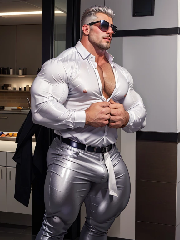 araffe dressed in a white shirt and silver pants, huge glistening muscles, super buff and cool, very beautiful. big muscles, strong and imposing, beefy, big muscles, large muscles, robust stocky body, big muscle, huge muscles, sexy masculine, masculine and strong, attractive beefy man, very muscular, massive muscles, white tight shirts, unbuttoned, hairy chest, big pecs, nipple, big biceps and triceps, shiny silver pant, tight pant, tight shirt, beefy daddy, bulky man, dadbody, black sunglasses