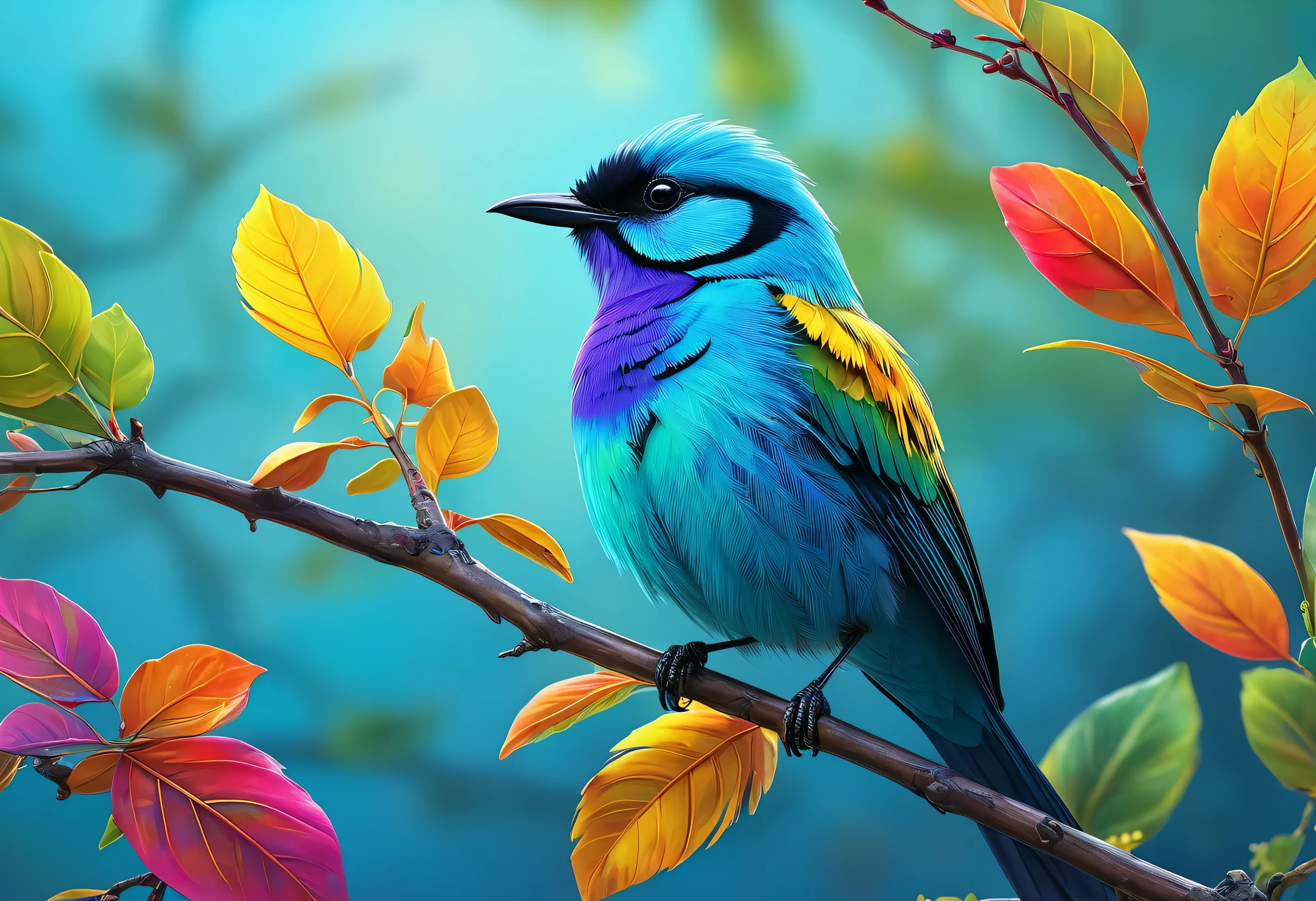 Brightly colored bird perched on a branch with leaves in the background, Digital painting inspired by Charles Bird King, Shutterstock, Fantasy art, colorful hd images, Colorful 8 k, beautiful and colorful, Long colorful bird, Highly detailed digital art in 4K, Beautiful art UHD 4K, Colorful 4K, beautiful colorful, painted in bright light blue