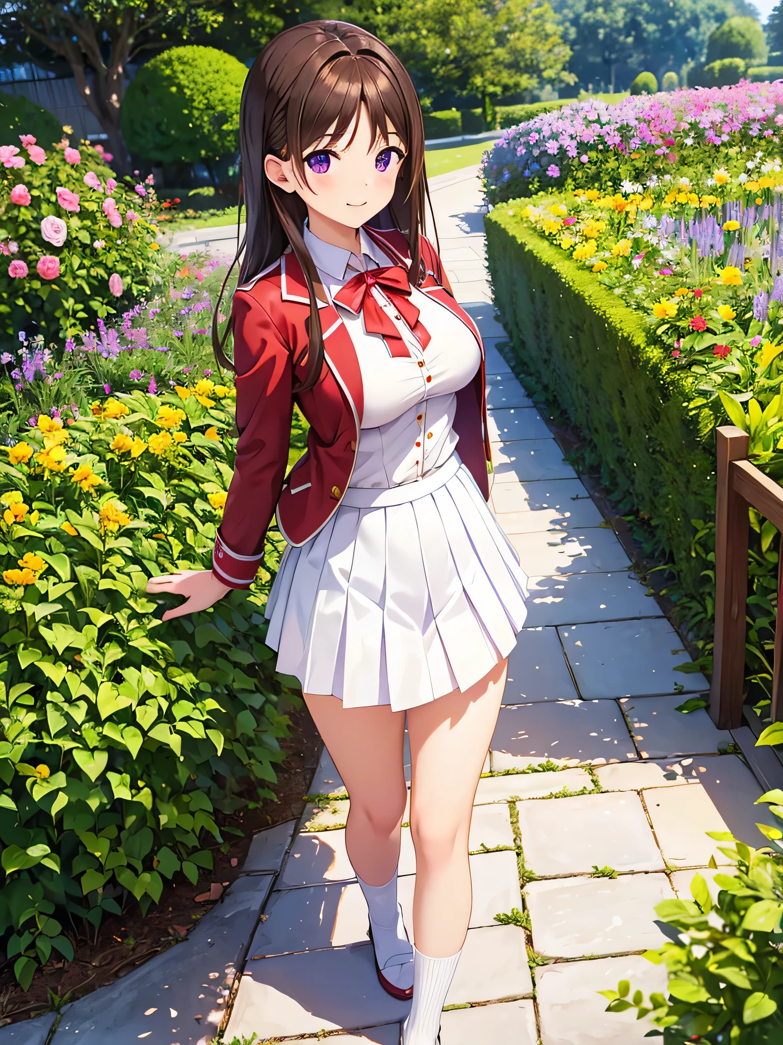 Masterpiece, award wining, high quality, beautiful poses, a high school girl with brown hair, violet eyes, light smile, white skirt, red jacket, white shirt with yellow ribbon, big breasts, (standing in the garden), beautiful face, perfect legs, perfect hands, five fingers