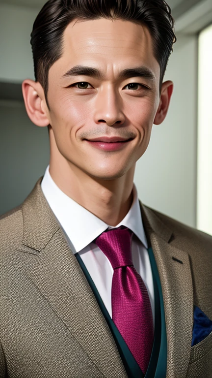 38 yo, High resolution photo of a handsome man in a suit, Facing the camera with a genuine seductive smile. Highlights the intricate details of the suit and the facial features of men. The focus should be sharp, Accurately capture all nuances and expressions. This image must be in HD quality, Reflects the professionalism and sophistication of the subject,wongapril