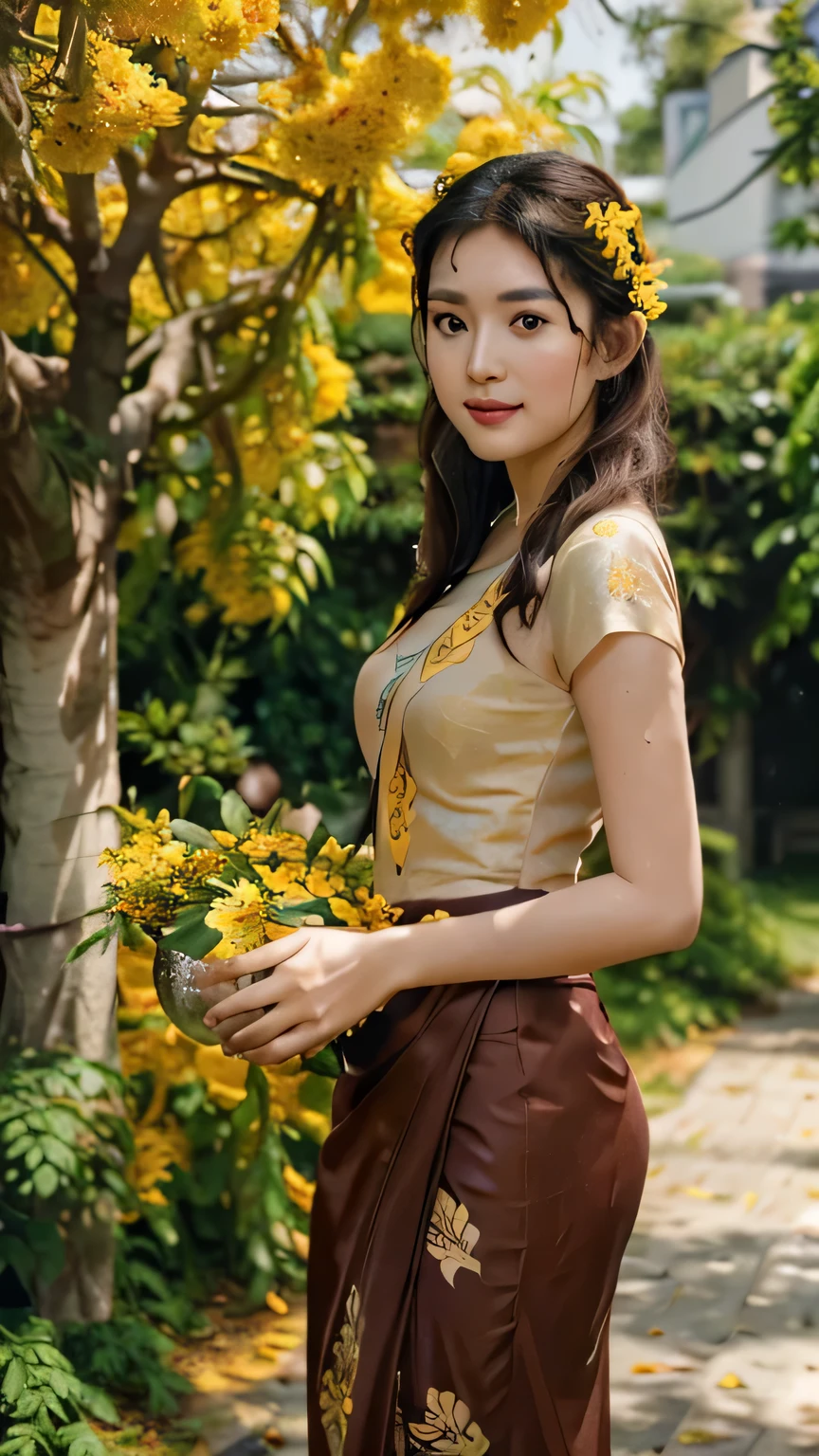 (best quality,4k,8k,highres,masterpiece:1.2),ultra-detailed,(realistic,photorealistic,photo-realistic:1.37),Burmese women,padauk flowers, holding pterocarpus macrocarpus, vibrant,ethereal,portraits,golden lighting,traditional dress,women intense gaze,natural beauty,exquisite traditional makeup,fine details,Burmese culture and tradition,subtle smiles,flowing movements,graceful poses,serene atmosphere,lush green garden,rich yellow ond gold color palette,ornate accessories,jewelry adorned with gems,delicate patterns,loose-flowing silk fabric,flower arrangements,padauk crowns and hair accessories,soft sunlight casting gentle shadows,dappled light filtering through leaves,natural elements blending harmoniously,celebration of femininity,timeless beauty portrayed in a modern context,meticulously handcrafted art piece,subtle texture and brush strokes,personal interpretation of Burmese beauty,attention to awe-inspiring artwork.1girl,detailed eyes, detailed lips, beautiful face, long eyelashes, red curly hair, flowing dress, serene smile, Abigail, standing under (((padauk flowers tree,pterocarpus macrocarpus tree,))) facing the sky, surrounded by a flock of butterflies, vibrant blue sky, fluffy clouds, seagulls flying gracefully, polka-dot pattern on the dress, sunny day with a gentle breeze, Abigail's cheeks with a natural blush, a bug crawling on a nearby tree branch, an idyllic outdoor scene.acthingyan soaked_wet_outfit, soaked wet outfit, outfit stick on skin, yellow acthingyan soaked wet top, short sleeves, BREAK, red acthingyan soaked wet long skirt, BREAK, wearing heels. 
 pterocarpus_macrocarpus flowers on head, holding a silver bowls, shiny metallic tinsel garland on neckac pterocarpus_macrocarpus_tree_blossom, pterocarpus macrocarpus flowers blossom, pterocarpus macrocarpus trees, spring weather, standing under pterocarpus macrocarpus trees.
ac burmese_water_festival, bunch of people, happy, women poring water eac