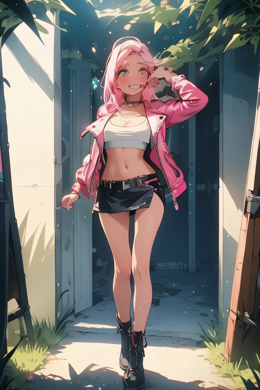 Gorgeous young woman, slim built, small perky breasts, wearing a white tube top showing off her massive tits, a pink leather jacket that is unzipped, pink panties, short mini skirt. full body shot, long pink hair, minimal make up on, natural look, vivid colors, render as a fortnite style character