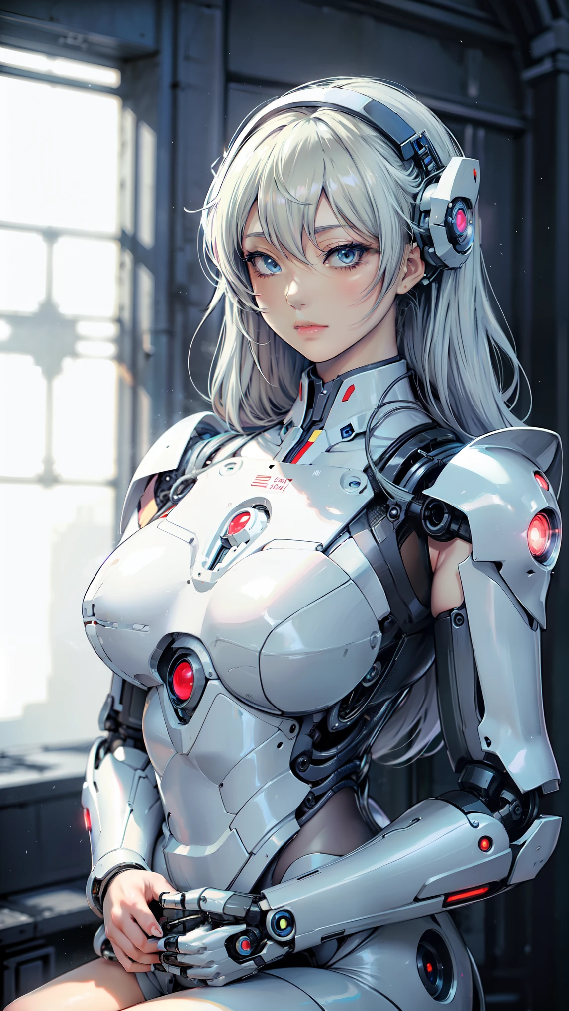 (masterpiece, best quality, ultra high res, beautiful detailed hair detailed face, perfrct feminine face), an anime picture of a woman in a white suit sitting on a stair, an anime drawing inspired by Leiko Ikemura, pixiv, furry art, fully robotic!! catgirl, anime manga robot!! anime girl, glossy white armor, gainax anime style, anime robotic mixed with organic, in white futuristic armor, perfect anime cyborg woman, by sakimichan, akira yasuda, george kamitani, and william-adolphe bouguereau