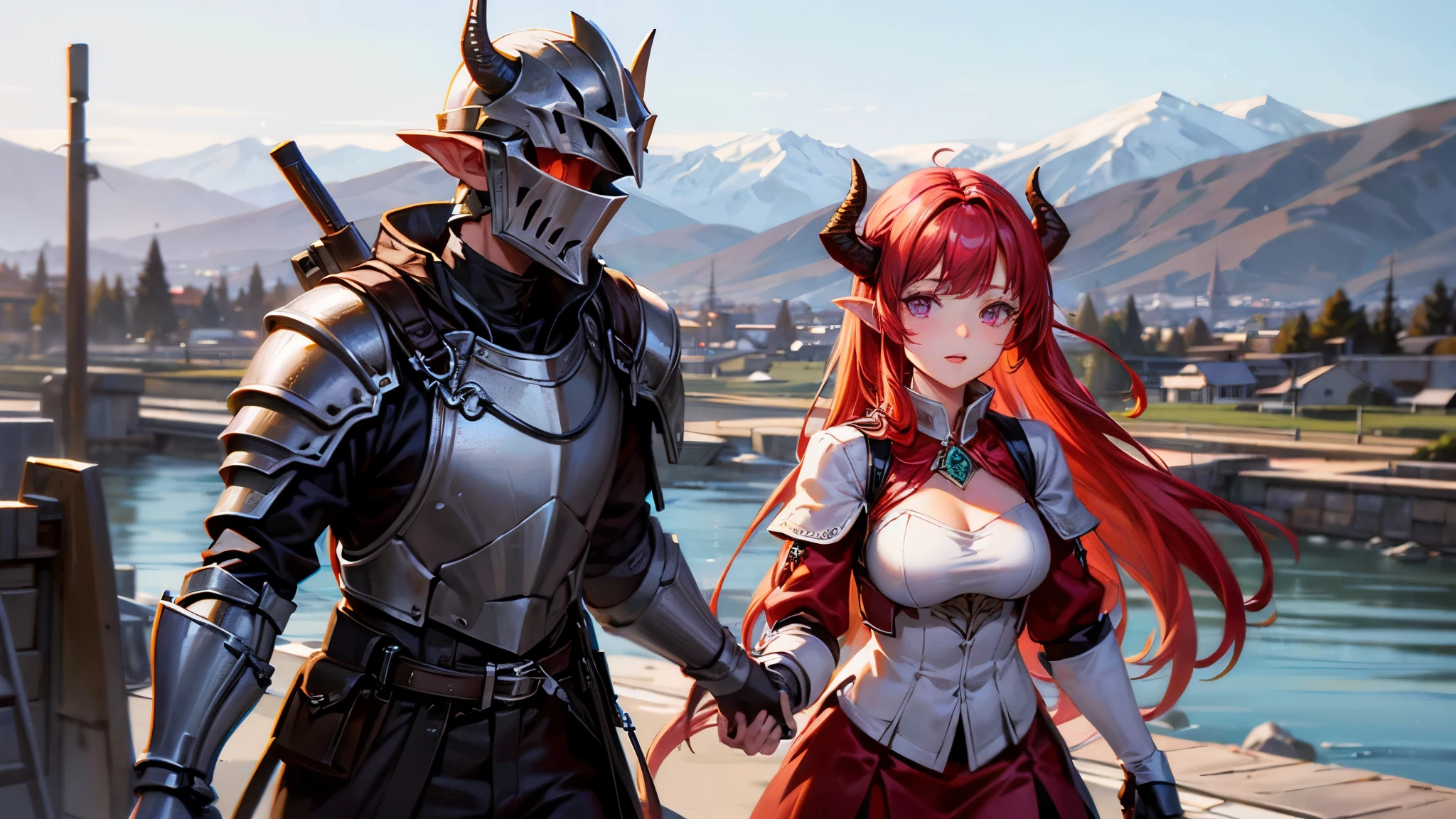 (Masterpiece, best quality), detailed, character sheet, many items (the same person, medieval royal armor, demonic heavy armor, fullplate armor, many parts), athletic, busty, demon, demon girl, detailed beautiful purple eyes, detailed face, pointy ears, red hair and white skin, braided ponytail, demon horns, full of details.