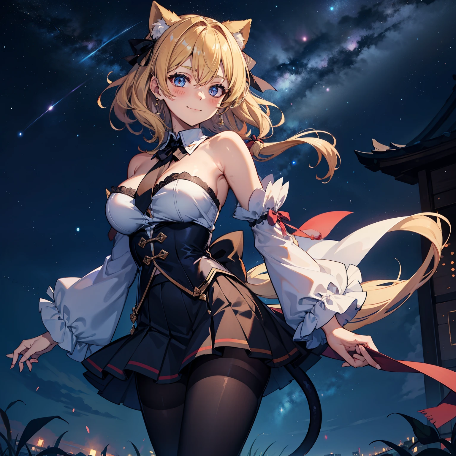 (Ultra extreme detailed),(Masterpiece),(Ultra extreme),(Realistic),CG,(color:1.2), Strong lighting,Light from behind,evaluation:Safety,A blonde person alone, color,Blonde ponytail,Green Eyes,水color shrite,short_Magic Robe Costume、、Gemstone pendant、Tights Knee Socks、is emitting thunder、Magical girl、Castle Background、((ear、獣ear、tail、Mating))sex、Reproduction