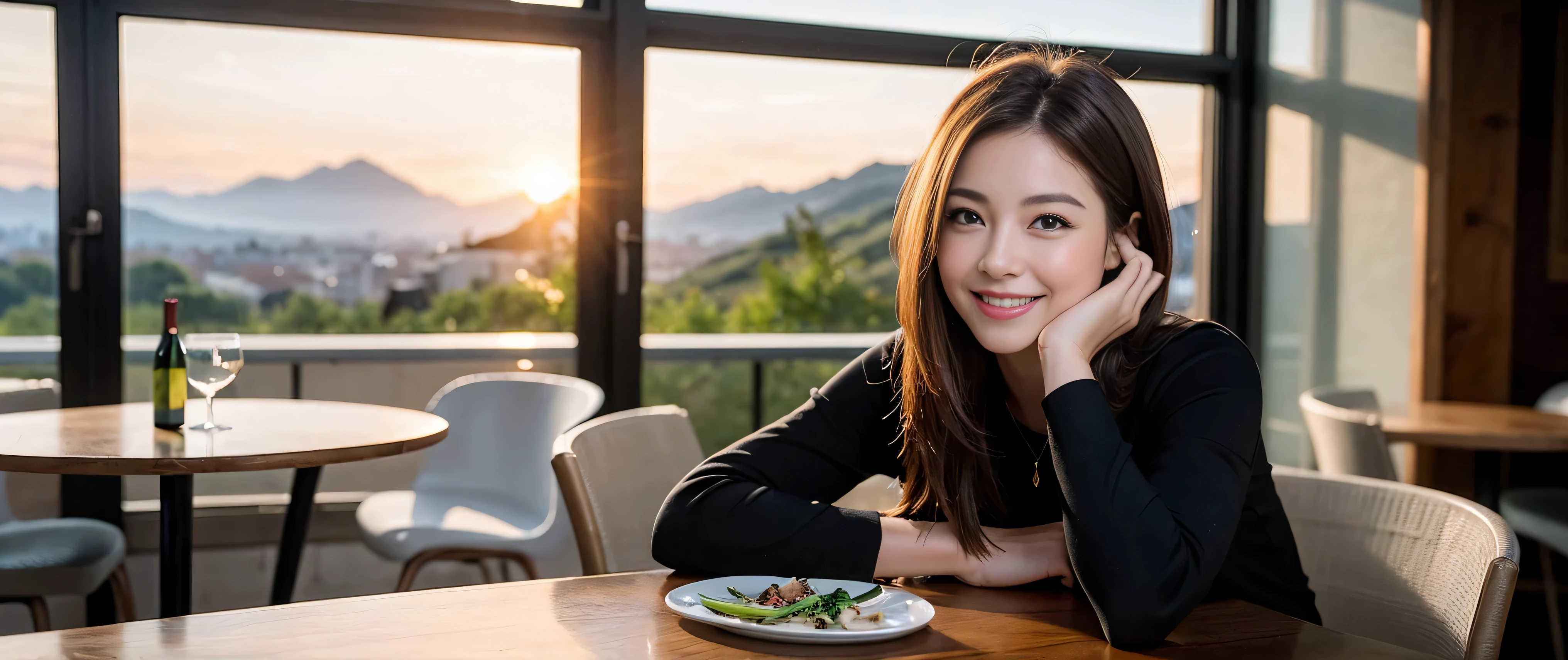 ((highest quality、8k、masterpiece:1.3))、Sharp focus:1.2、Beautiful woman perfect body:1.4、Slim body、((Bob Hale、Straight hair:1.2))、(to be born, highest quality, masterpiece:1.5), (Realistic, Intricate details:1.2), Ultra-high resolution, Please put light on my face、Amazing view of the sunset sky and clouds、Amazing mountain views、A bright smile、wine glass、red wine 、Appetizer、Italian food、Wine bottle、Champagne、sparkling wine、, Beautiful Face, blue eyes, The light shines on your face, Blushing, short hair,Bright Face、Fox face、 (42 years old), 45 years old, Lady、Two beauties、Brown Hair、Shortcuts、Long sleeve shirt、dress、Pretty Woman 1, (Slim face), (The body is slim), (Brown Hair), (Shortcuts), cheeks turn a little red,Attractive beauty、, Out of the window, A beautiful and detailed night view unfolds.........., restaurant, In a prominent place (From the waist up) Nova Frog Style, actress, model, Upper Body, White wine, slim, wine glass, A wine glass placed in the middle, smile, (smile: 1.15), Beautiful fine grain, Depth f/2,saturation, High Contrast, Strong light and shadow,Moist Body:1.5、3D texture、Delicate eyes、Brown Hair、The hair is very shiny、