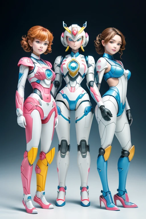 A mother and her two teenage robot daughters, 全員顔はきれいでかわいい人間ロボットのA mother and her two teenage robot daughters, Everyone has a pretty face and remains a cute human being., All 2WD girls, Bright colors, High resolution, realistic depiction, ビクトリア朝Mr.式, Looking forward, Bonds of love, Mr.々Frame with a simple shape, Captivating smile, Natural Beauty, Professional Lighting, modern style, artistic composition, Victorian beauty, Professional Lighting, modern style, artistic composition, full body shot, Standing and posing