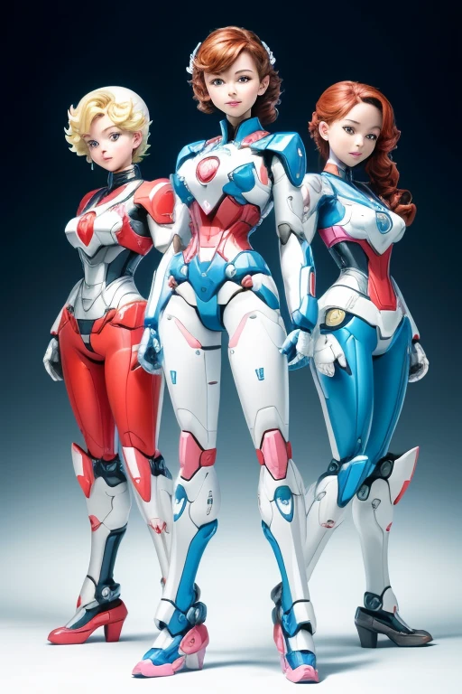 A mother and her two teenage robot daughters, 全員顔はきれいでかわいい人間ロボットのA mother and her two teenage robot daughters, Everyone has a pretty face and remains a cute human being., All 2WD girls, Bright colors, High resolution, realistic depiction, ビクトリア朝Mr.式, Looking forward, Bonds of love, Mr.々Frame with a simple shape, Captivating smile, Natural Beauty, Professional Lighting, modern style, artistic composition, Victorian beauty, Professional Lighting, modern style, artistic composition, full body shot, Standing and posing